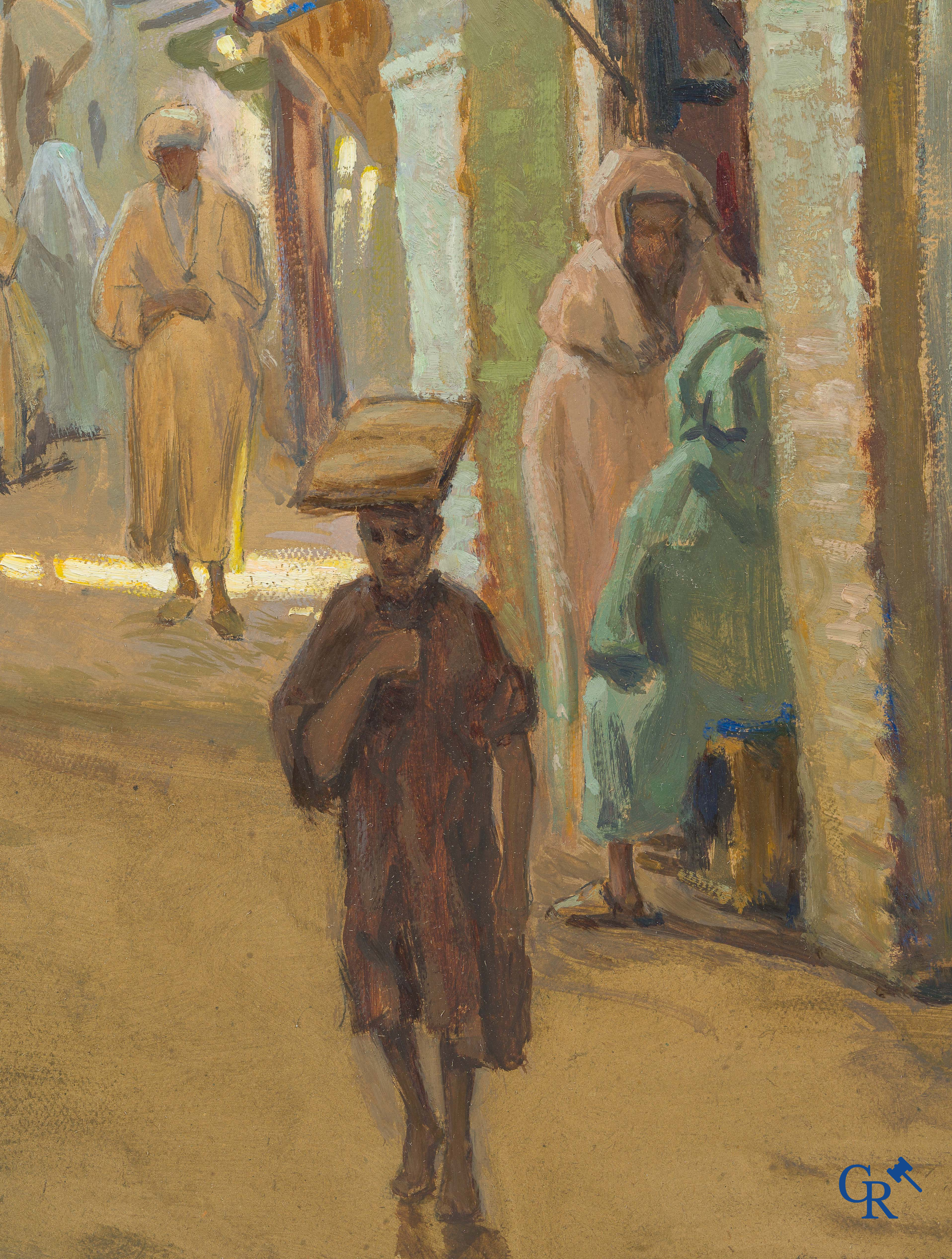 Marcel Hess (1878-1948) Oriëntaalse scène. "Souks à Médina de Fez" Olie op hard karton. Rechtsonder gesigneerd.
