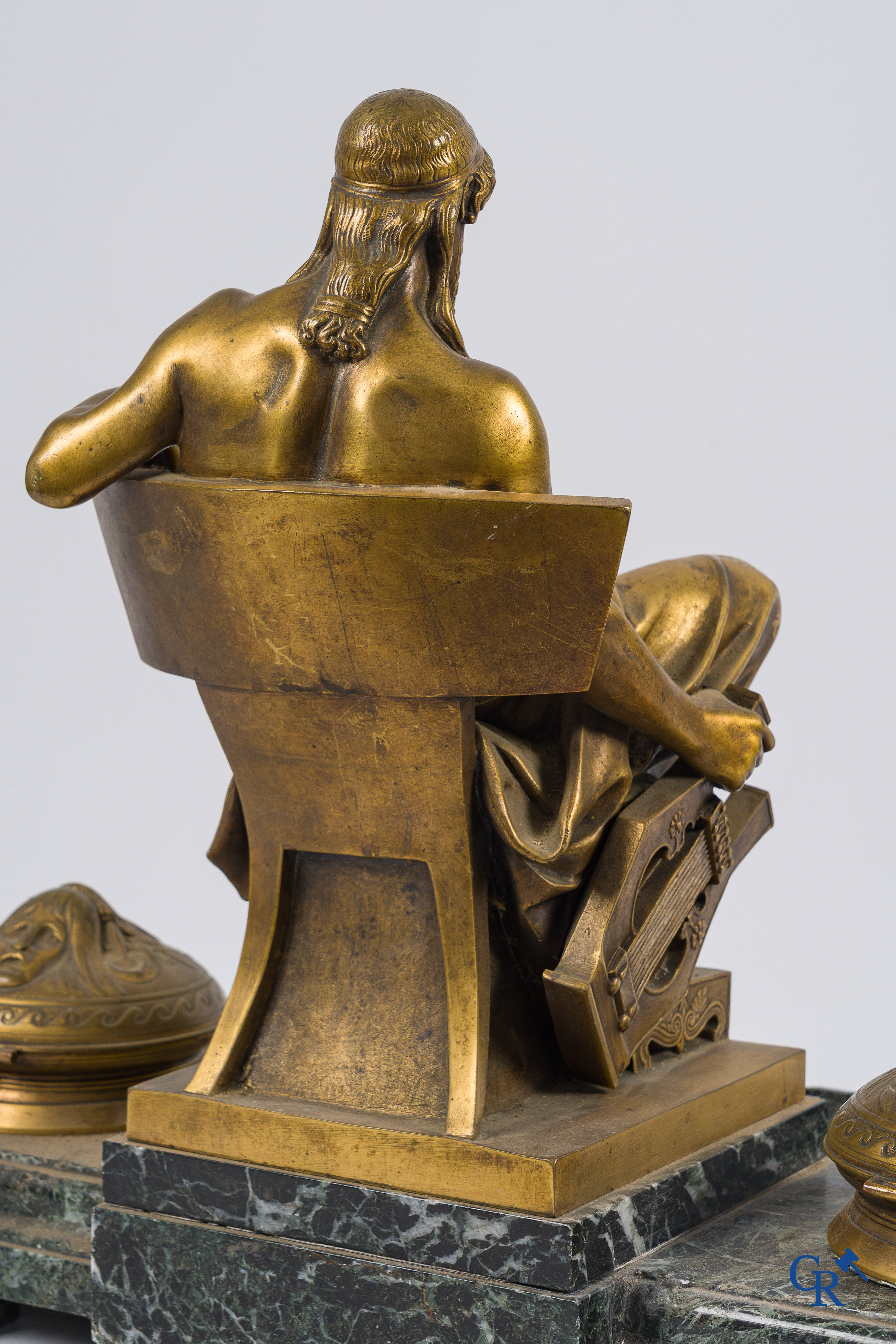 Napoleon III period. Exceptionally large desk set or ink set in gilded bronze and marble.