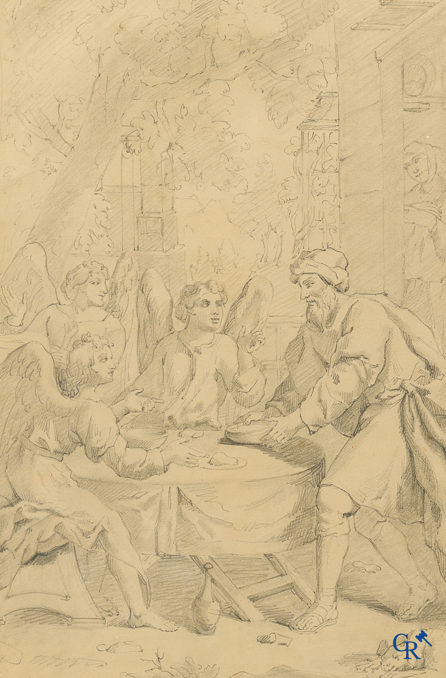 Désiré Tulpinck (Brugge 1829-1892) Abraham en de 3 engelen. Houtskool op papier.