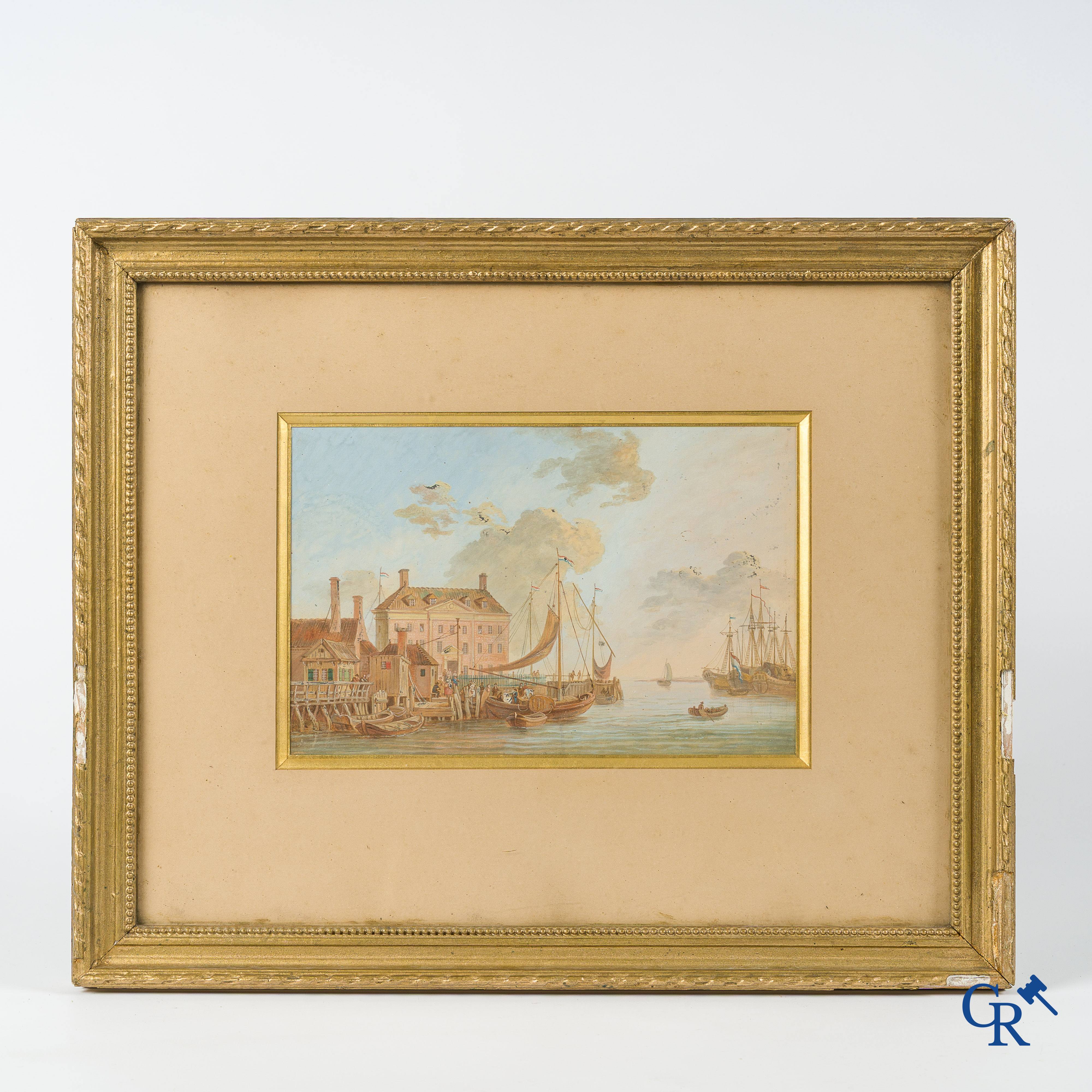 Hollandse school circa 1800. Maritiem stadsgezicht. Zicht op de Nieuwe Stadsherberg te Amsterdam. Aquarel op papier.