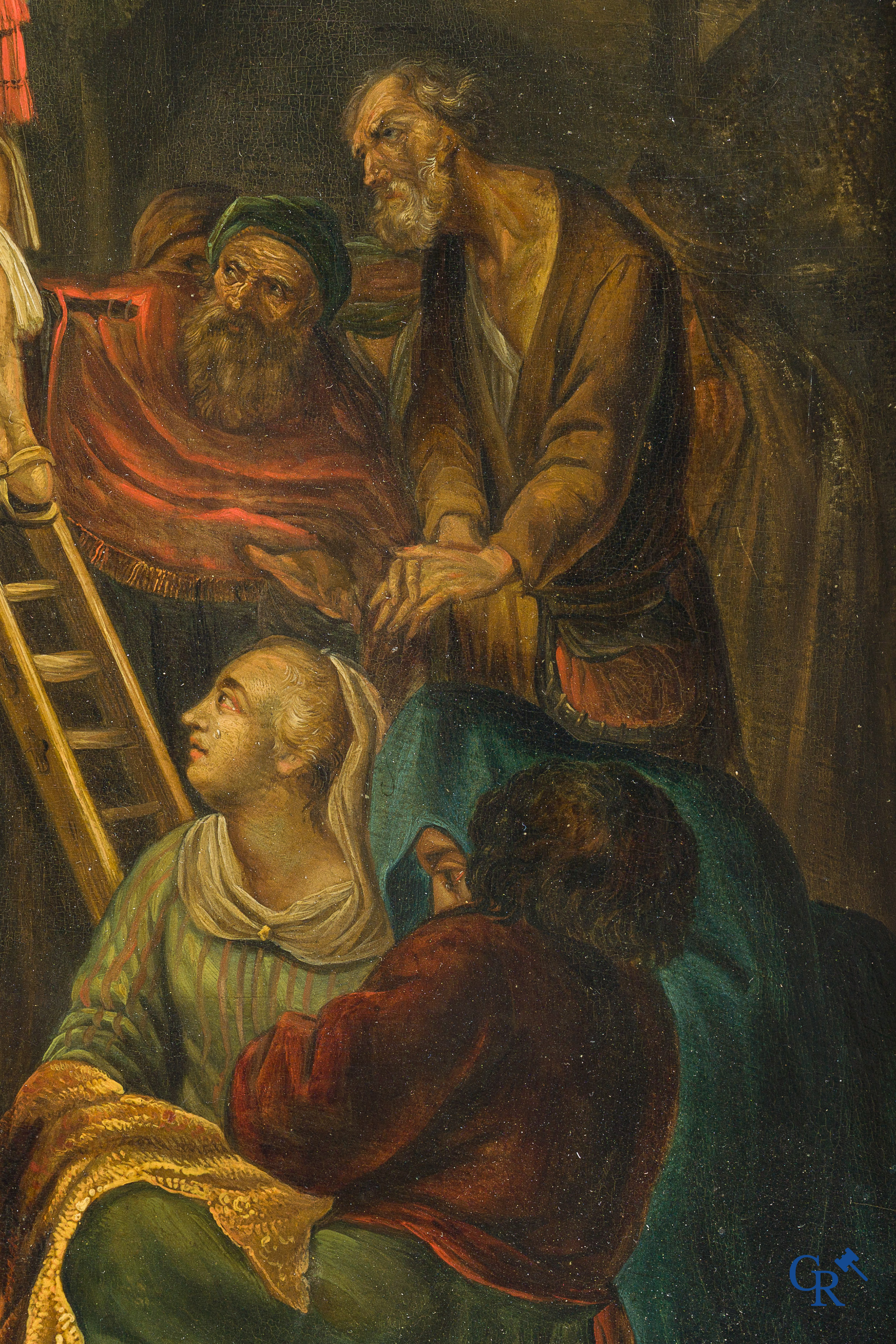 Painting. After Rembrandt van Rijn. The Descent from the Cross. Oil on parqueted panel. 18th century.
