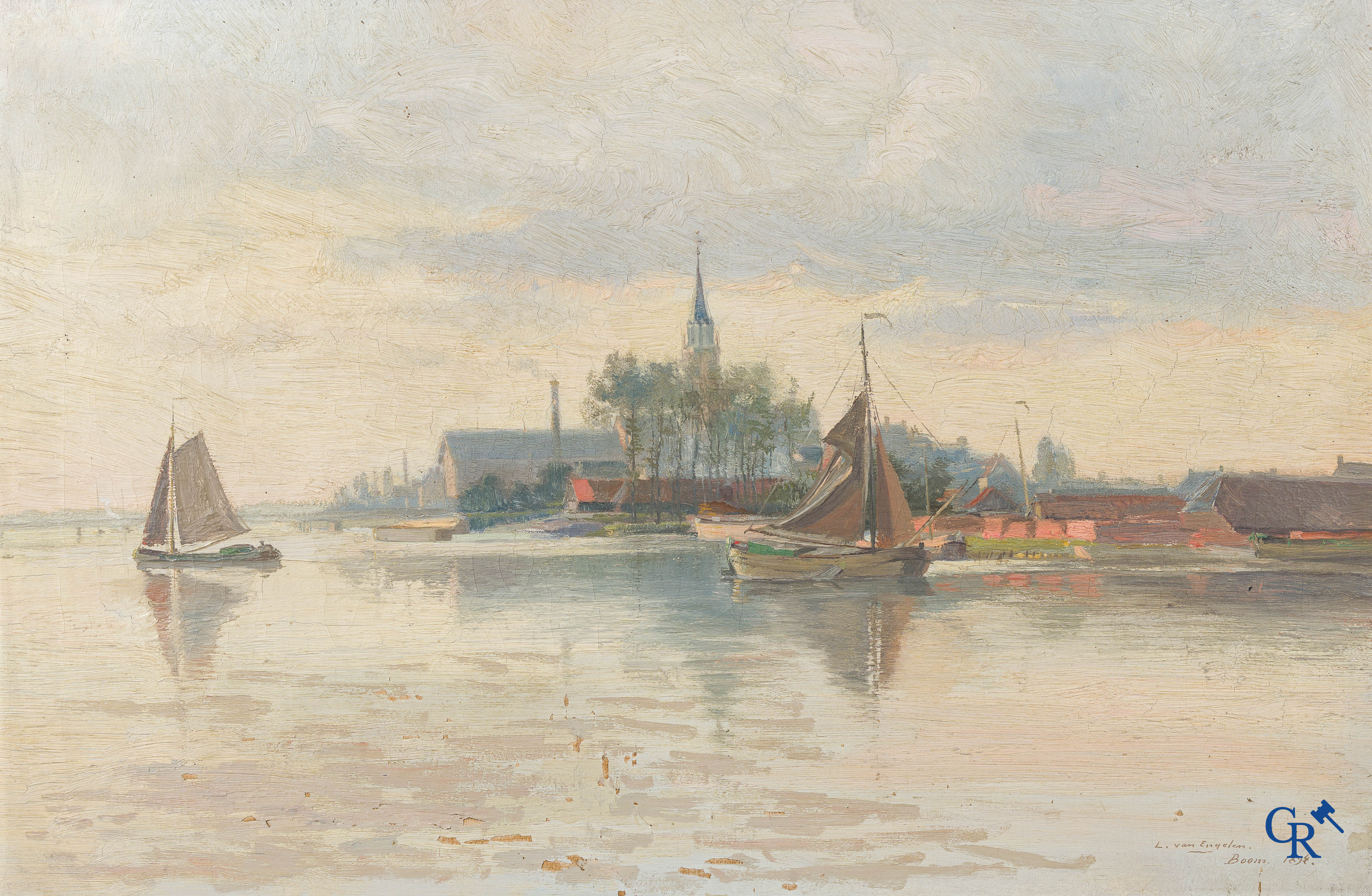 Louis Van Engelen (1856-1940) Village view with boats on a lake. Oil on canvas. Signed and dated Boom 1894.