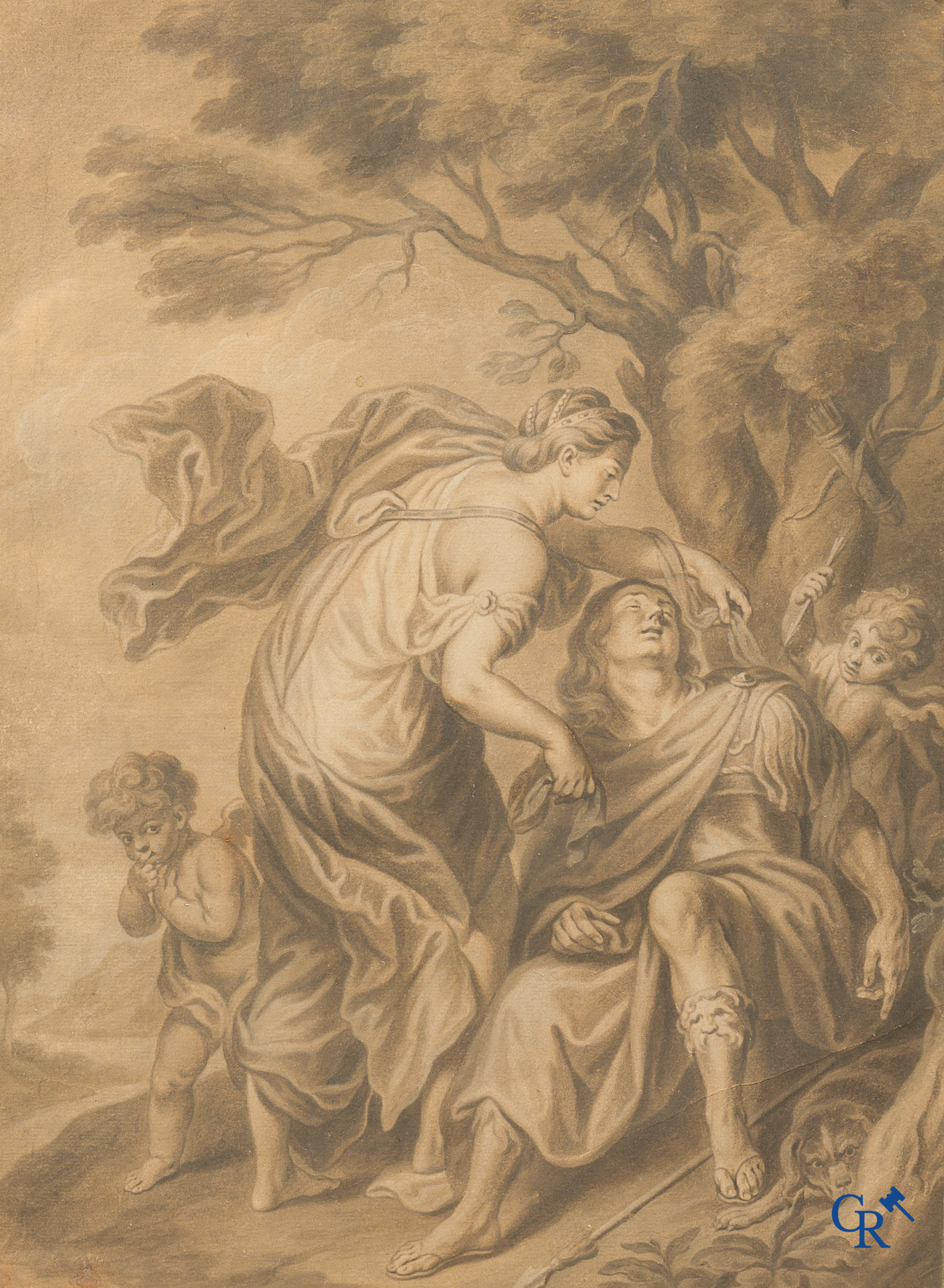Tekening, Lavis techniek en sanguine op velijn. 18e eeuw.