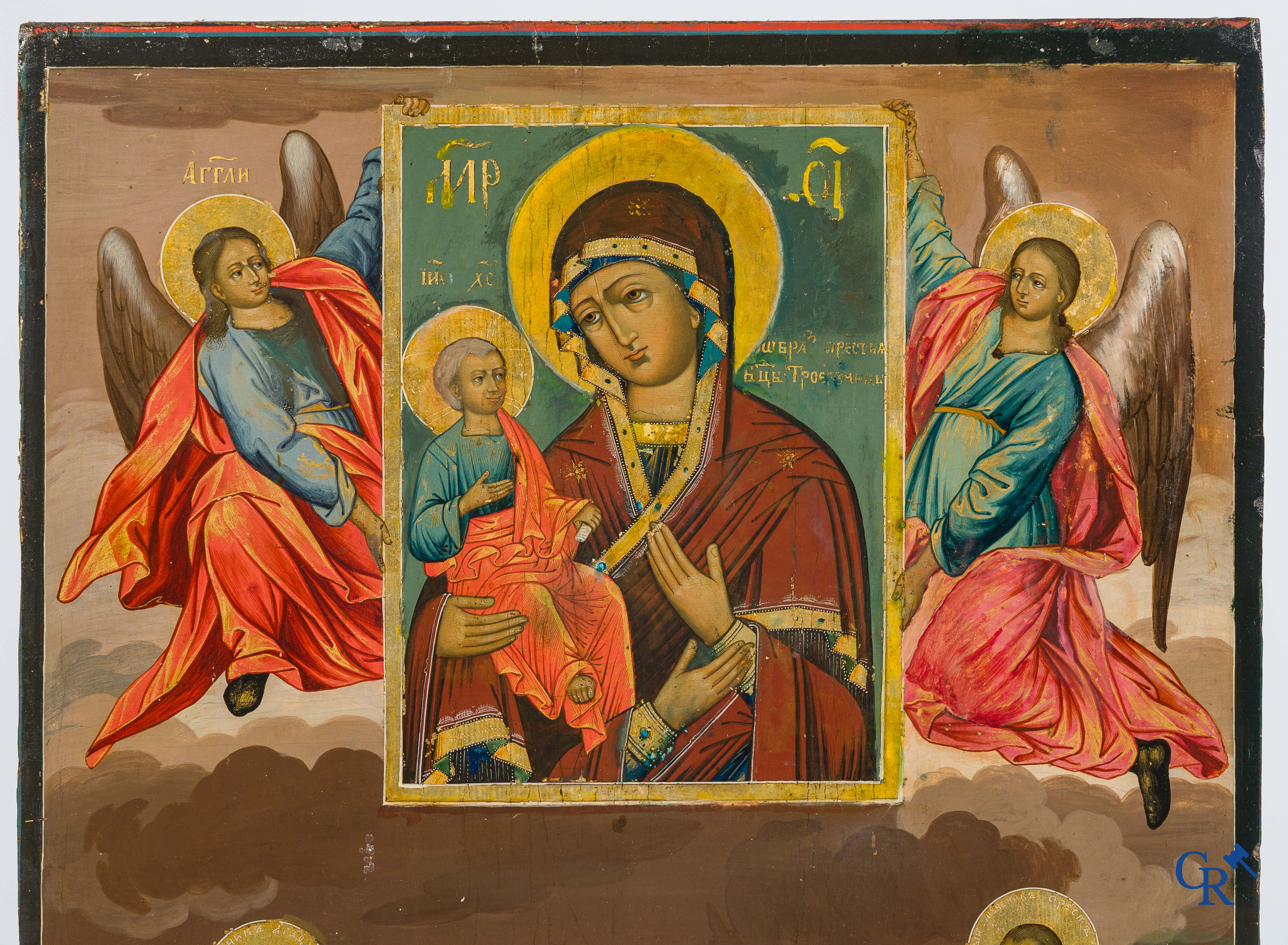 Religieuze objecten. Grote Russisch-orthodoxe icoon met afbeelding van de verering van de heiligen. 19e eeuw.