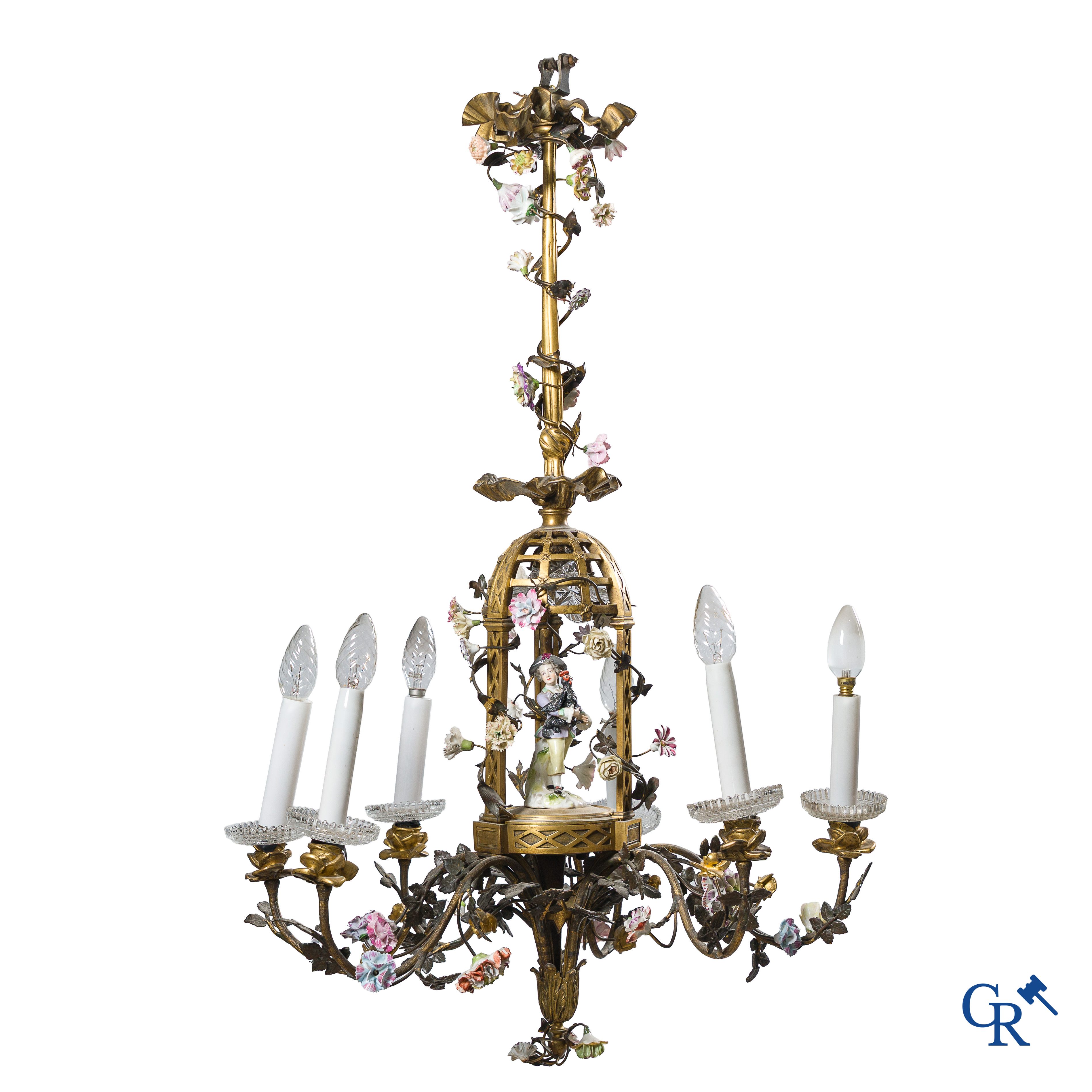 Meissen of Vincennes. "Lustre à cage" in brons met porselein bloemen. LXVI-stijl. Circa 1900.