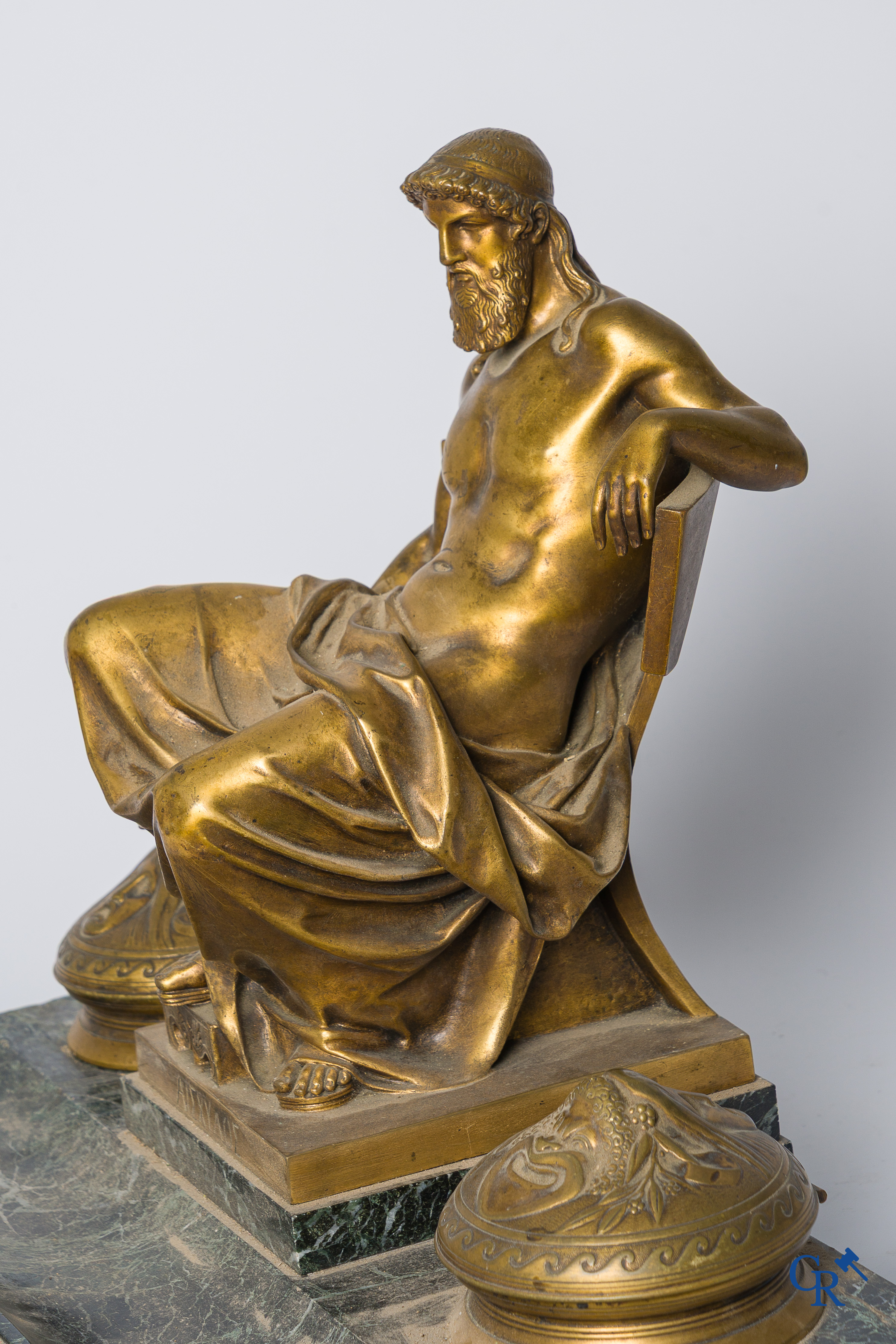 Napoleon III period. Exceptionally large desk set or ink set in gilded bronze and marble.