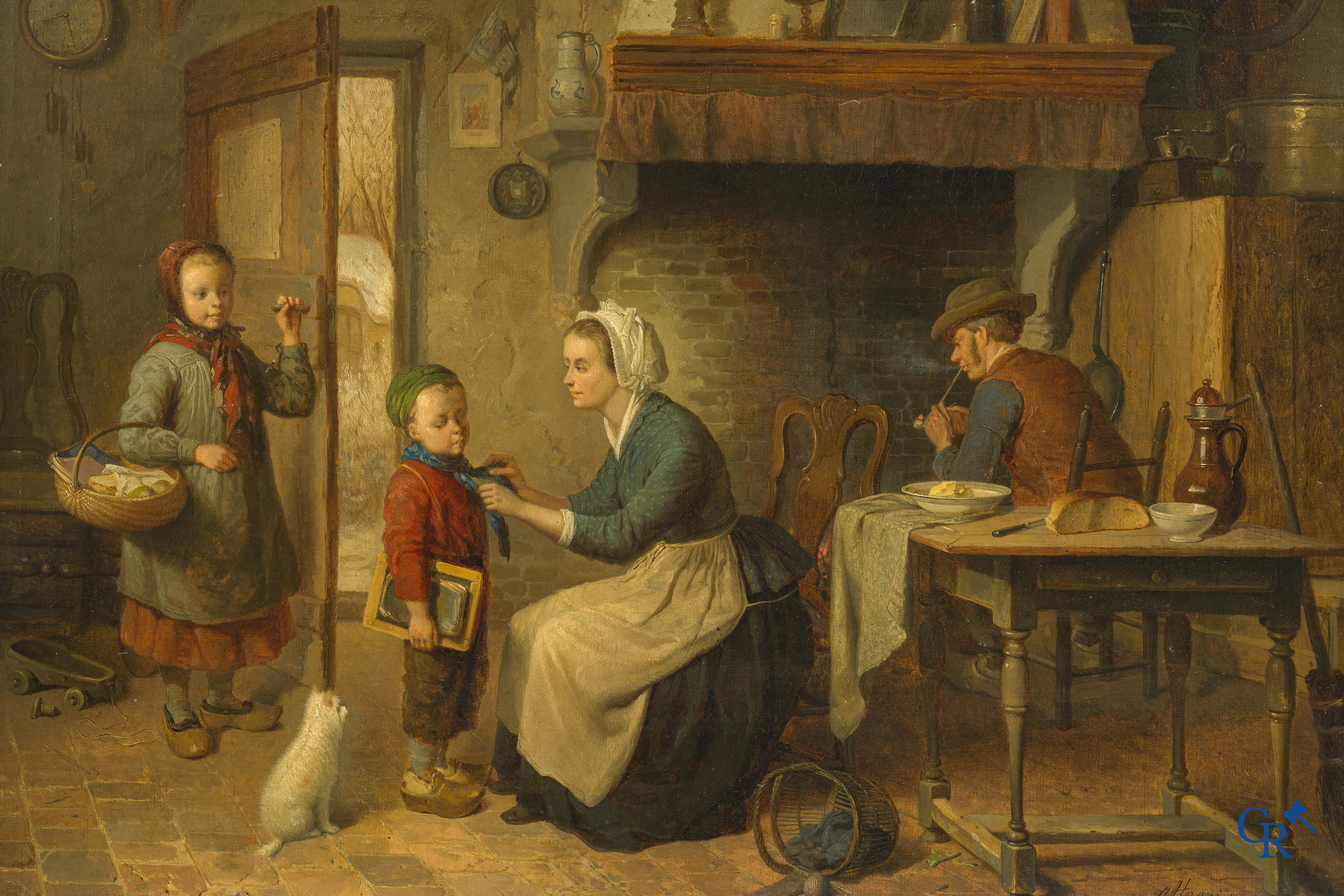 Norbert Joseph Horgnies (1830-1870) "Vertrek naar school" Olie op doek. Rechtsonder gesigneerd en gedateerd 1870.