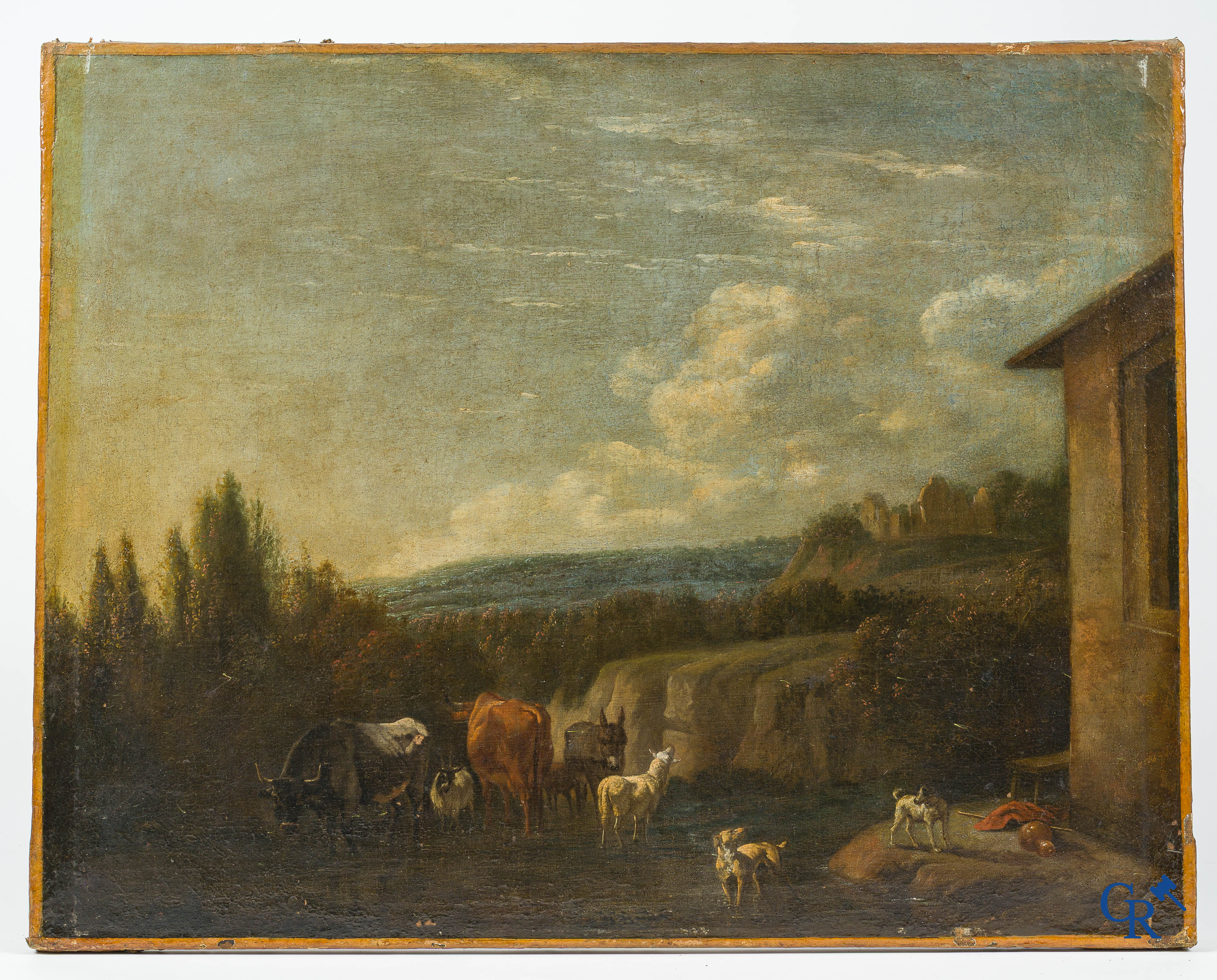 Karel Dujardin (Amsterdam 1626-Venetië 1678) (toegeschreven aan) Kudde in een Italiaans landschap. 17e eeuw.