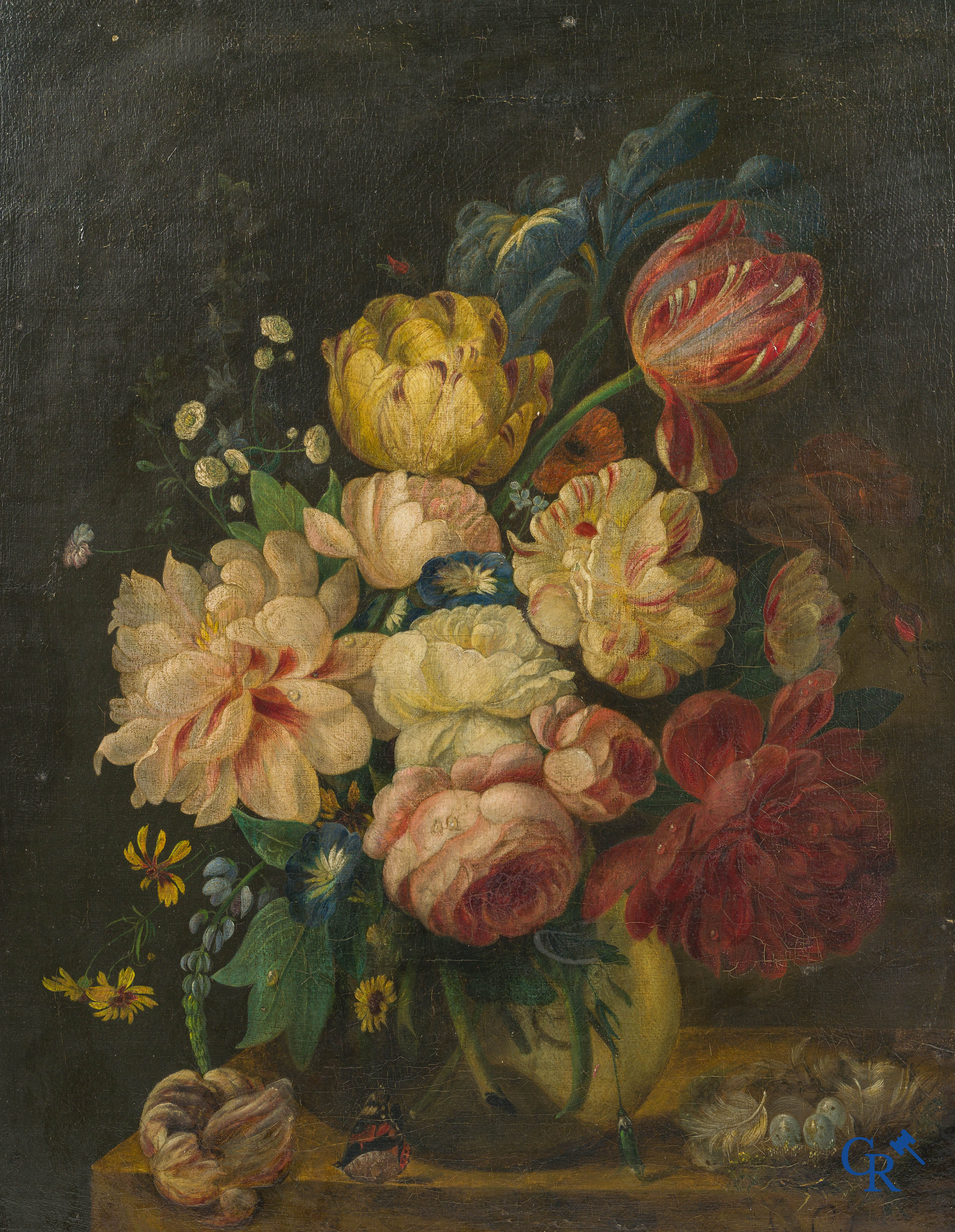 Bloemenstilleven met insecten. Schilderij, olie op doek. Onleesbaar gesigneerd onderaan rechts. 19e eeuw.