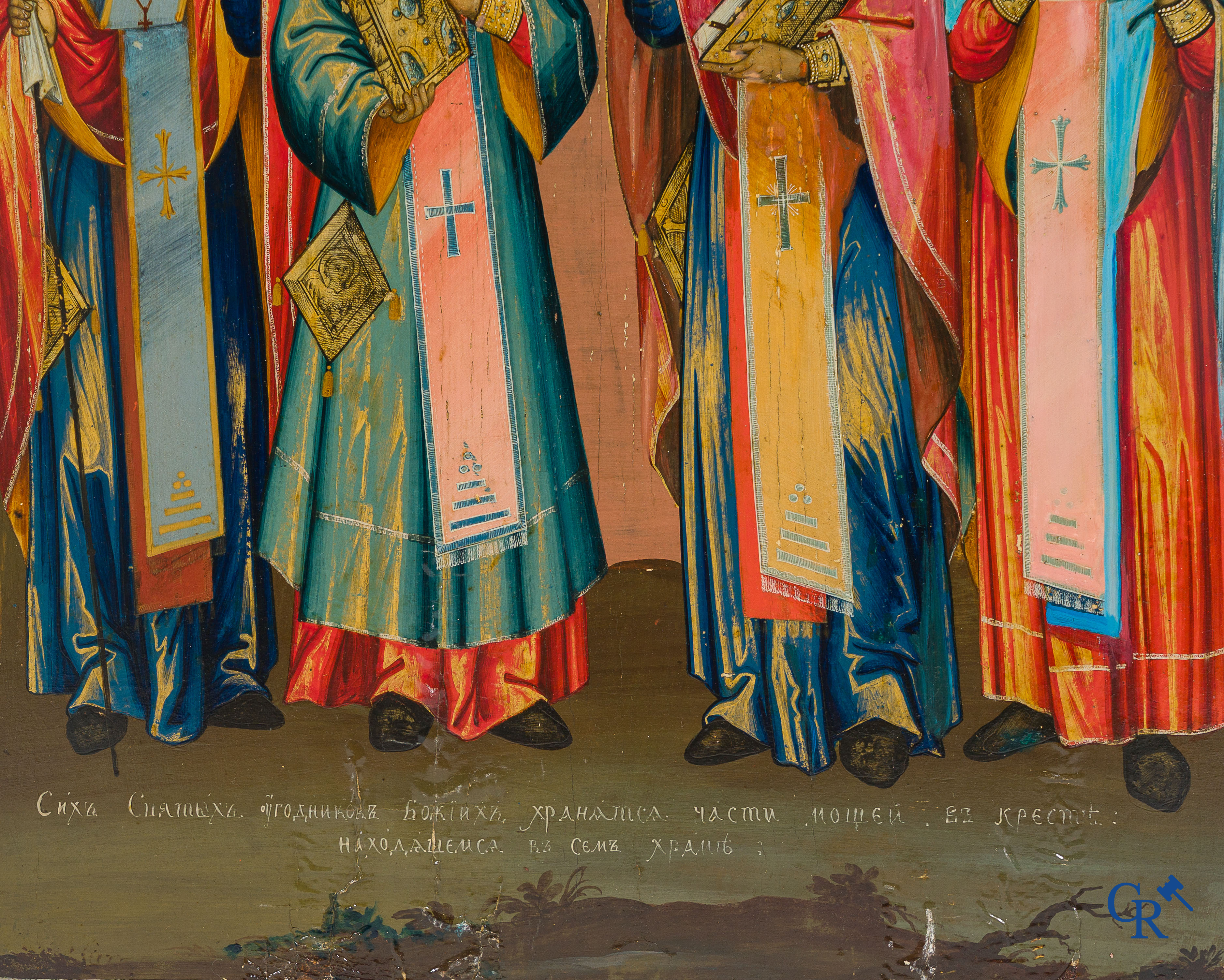 Religieuze objecten. Grote Russisch-orthodoxe icoon met afbeelding van de verering van de heiligen. 19e eeuw.