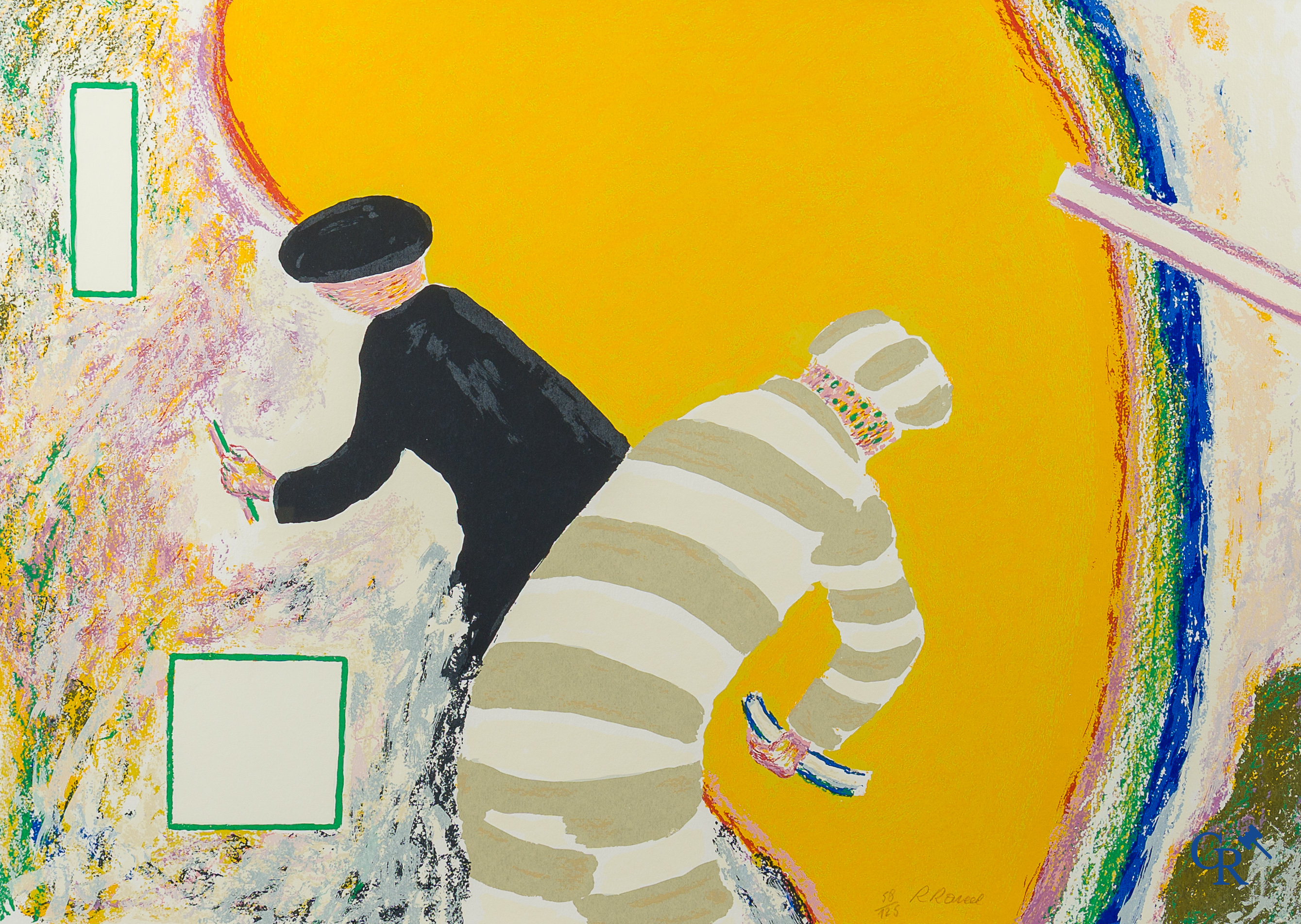 Roger Raveel (1921-2013)(*) "Twee personages in een gloed van licht" Kleurenzeefdruk. Genummerd 58/125.