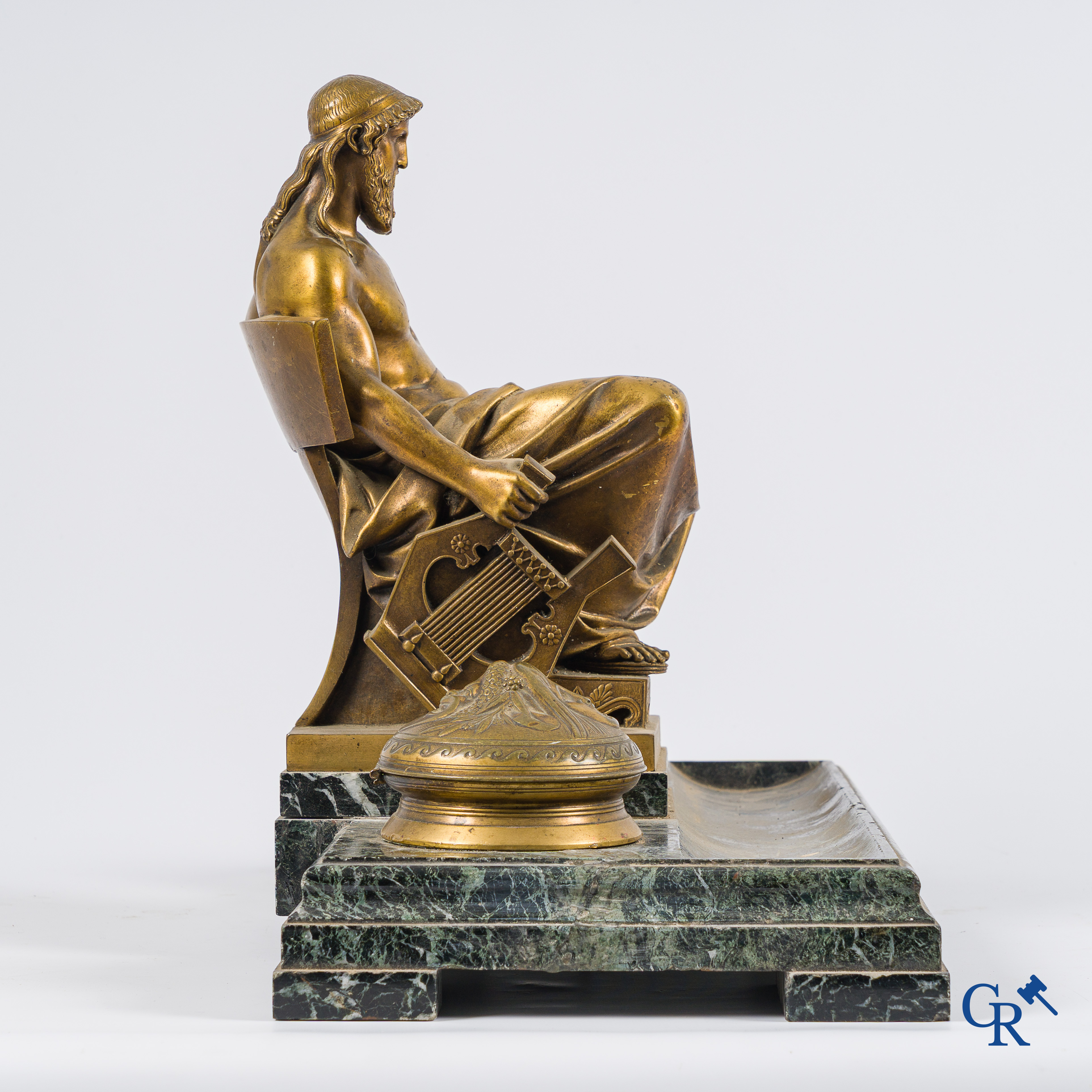 Napoleon III period. Exceptionally large desk set or ink set in gilded bronze and marble.
