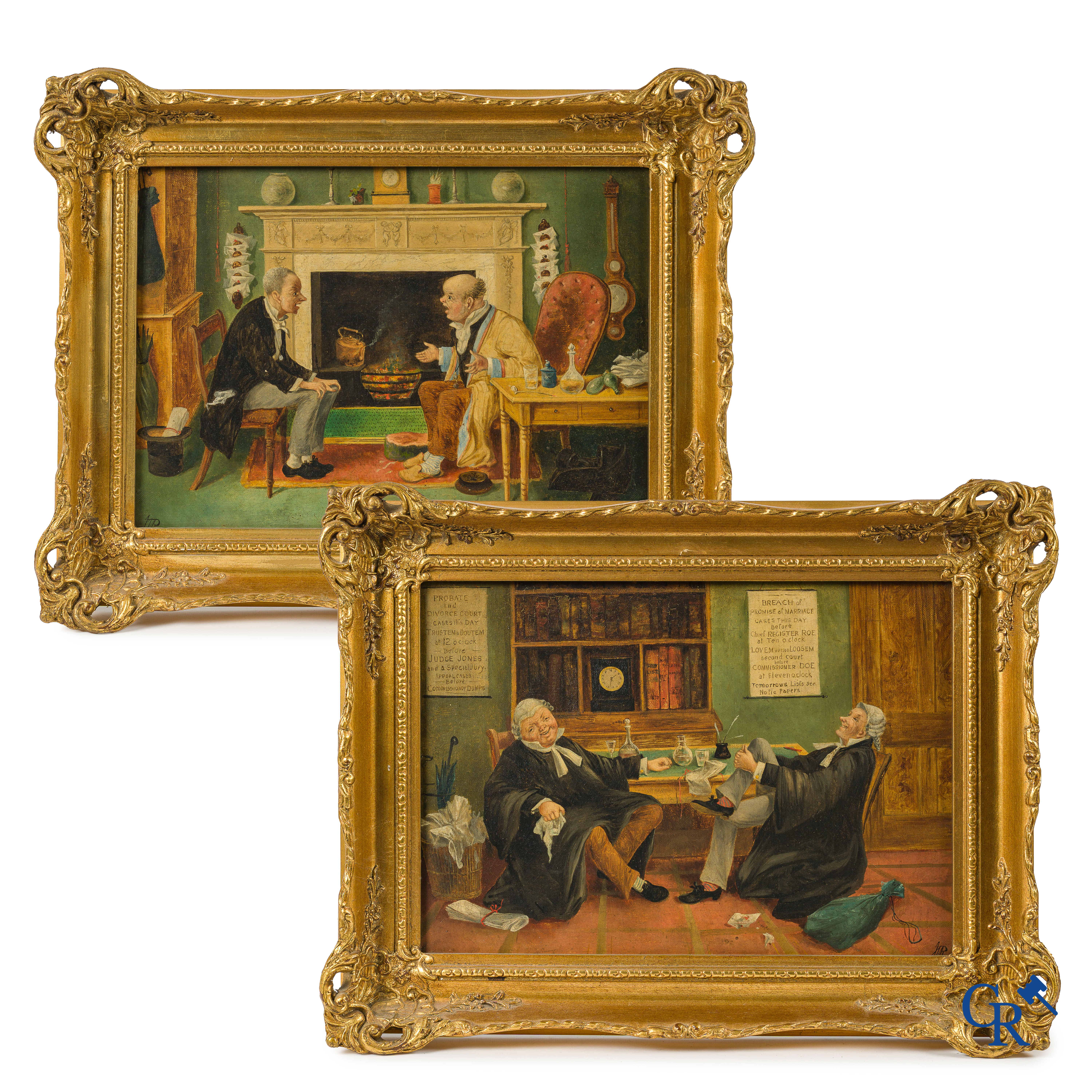 Engelse school, 19e eeuw. Pendant. De rechters en de onderhandelaars. Gemonogrammeerd JVR.
