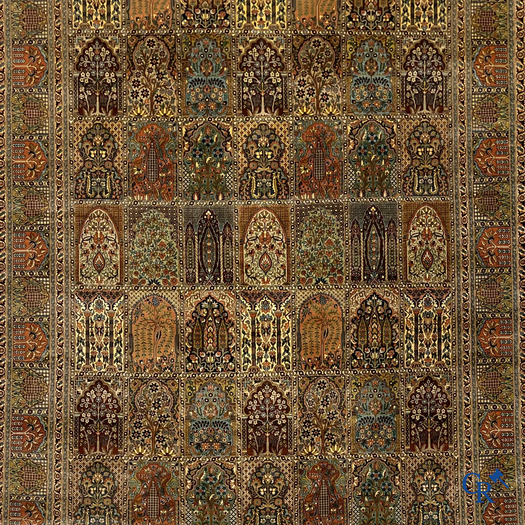 Oosterse tapijten. Uitzonderlijk zijden Khesti "garden design" tapijt. Kashmir.