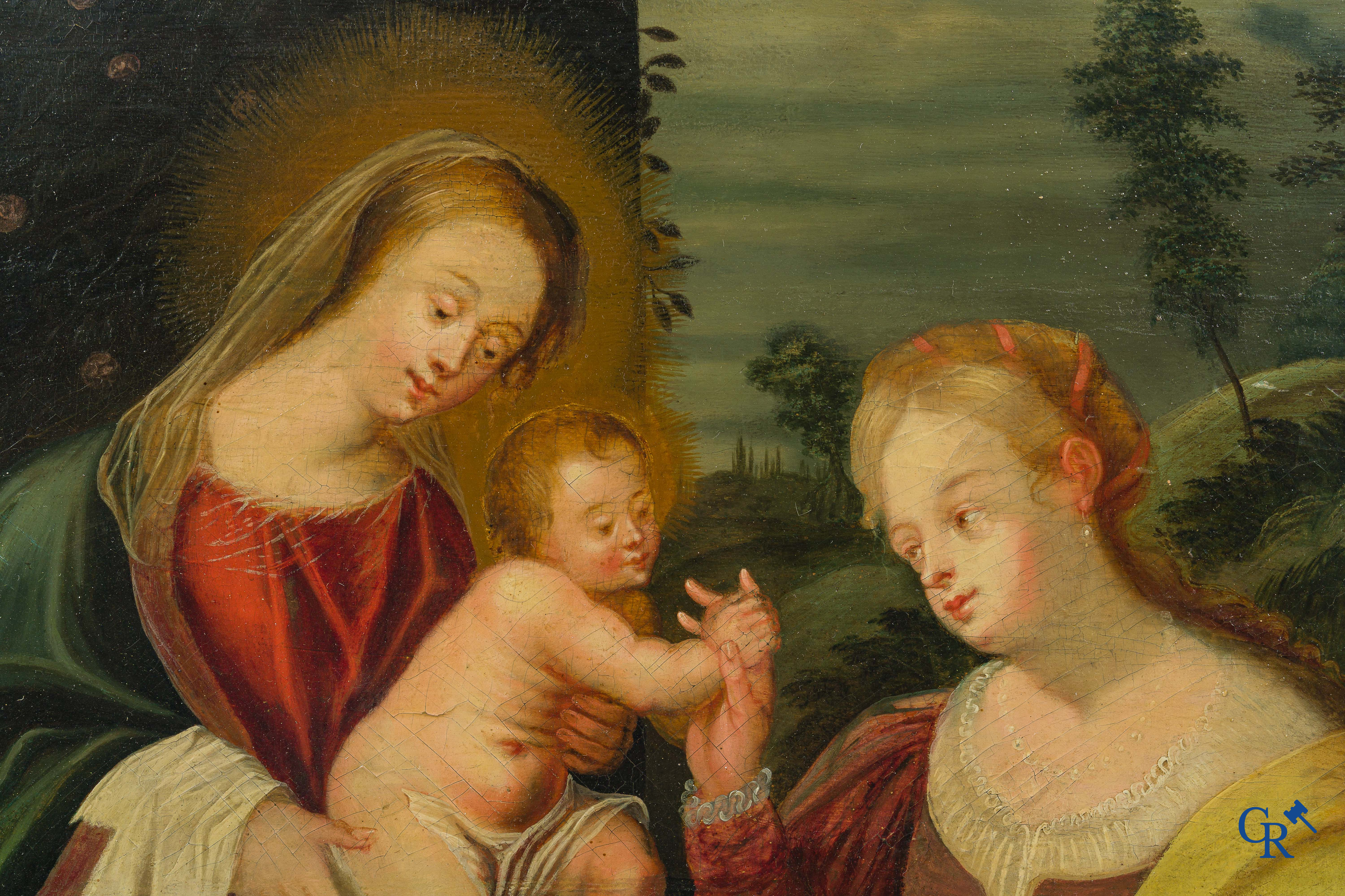 Vlaamse School, 17e eeuw. Schilderij, olie op paneel. "Mariage mystique de Sainte Catherine".