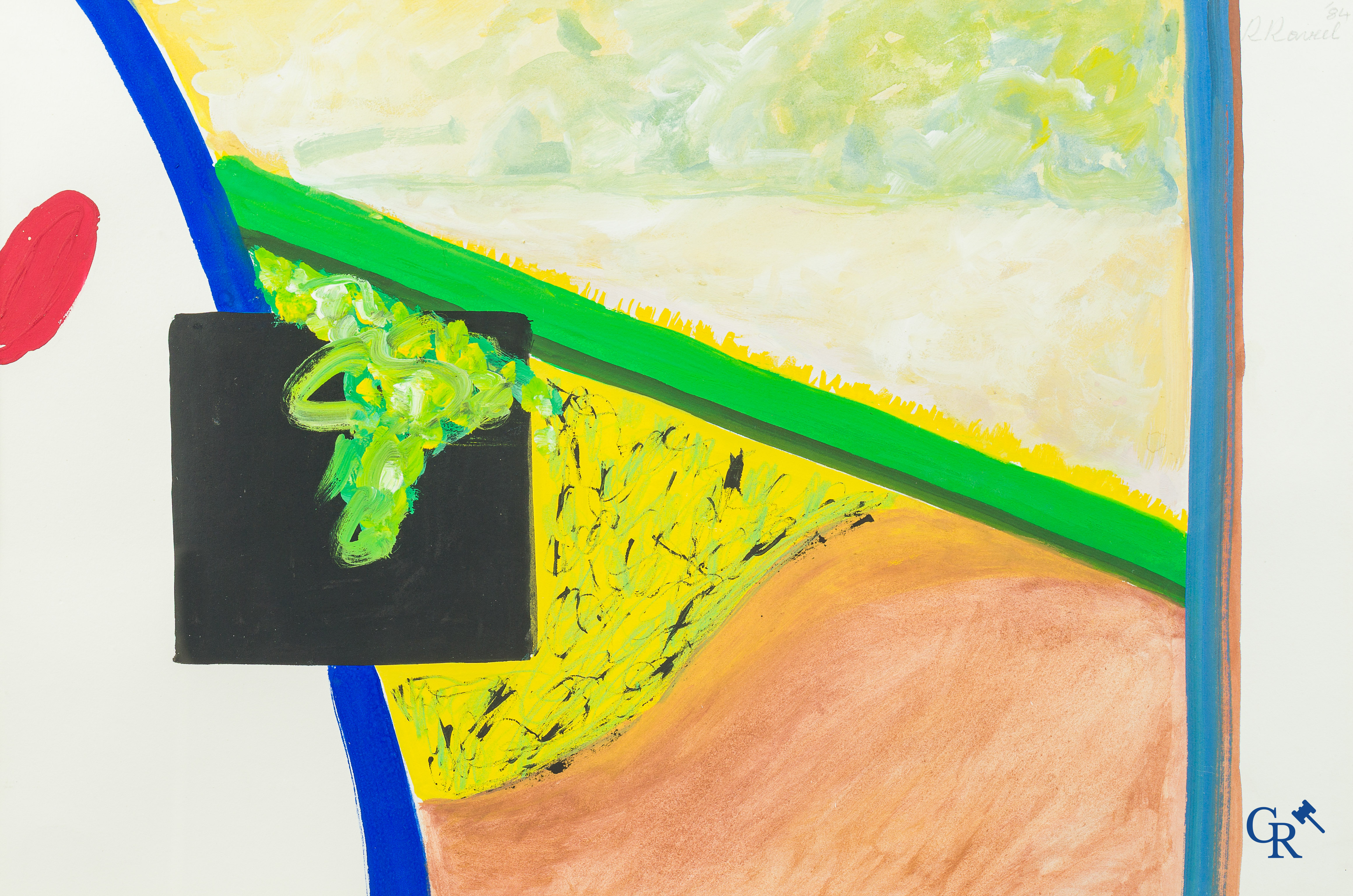 Roger Raveel (1921-2013) (*). "Rode vlek in de leegte van een gedachte" Waterverf, gouache. 1984.