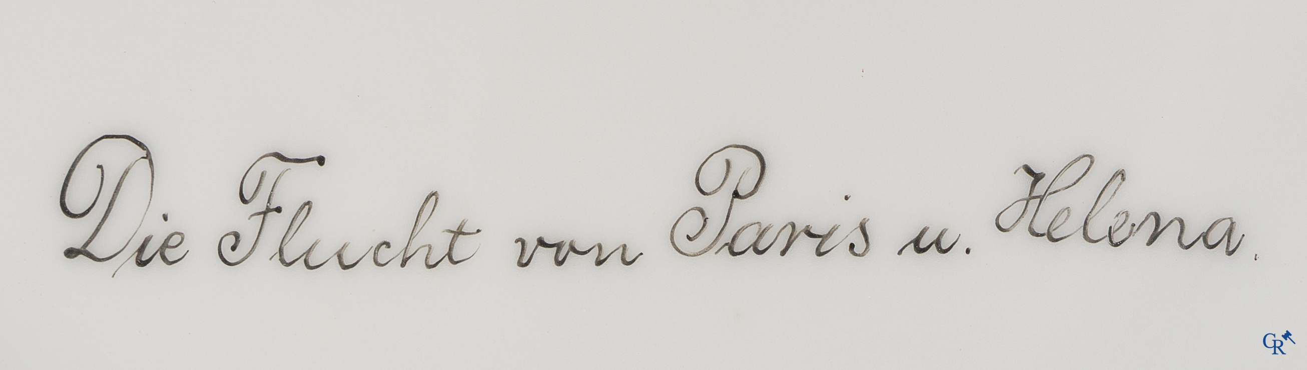 Weens porselein. Grote ronde dekseldoos in Weens porselein. "Die Flucht von Paris und Helena". Gesigneerd Wagner.