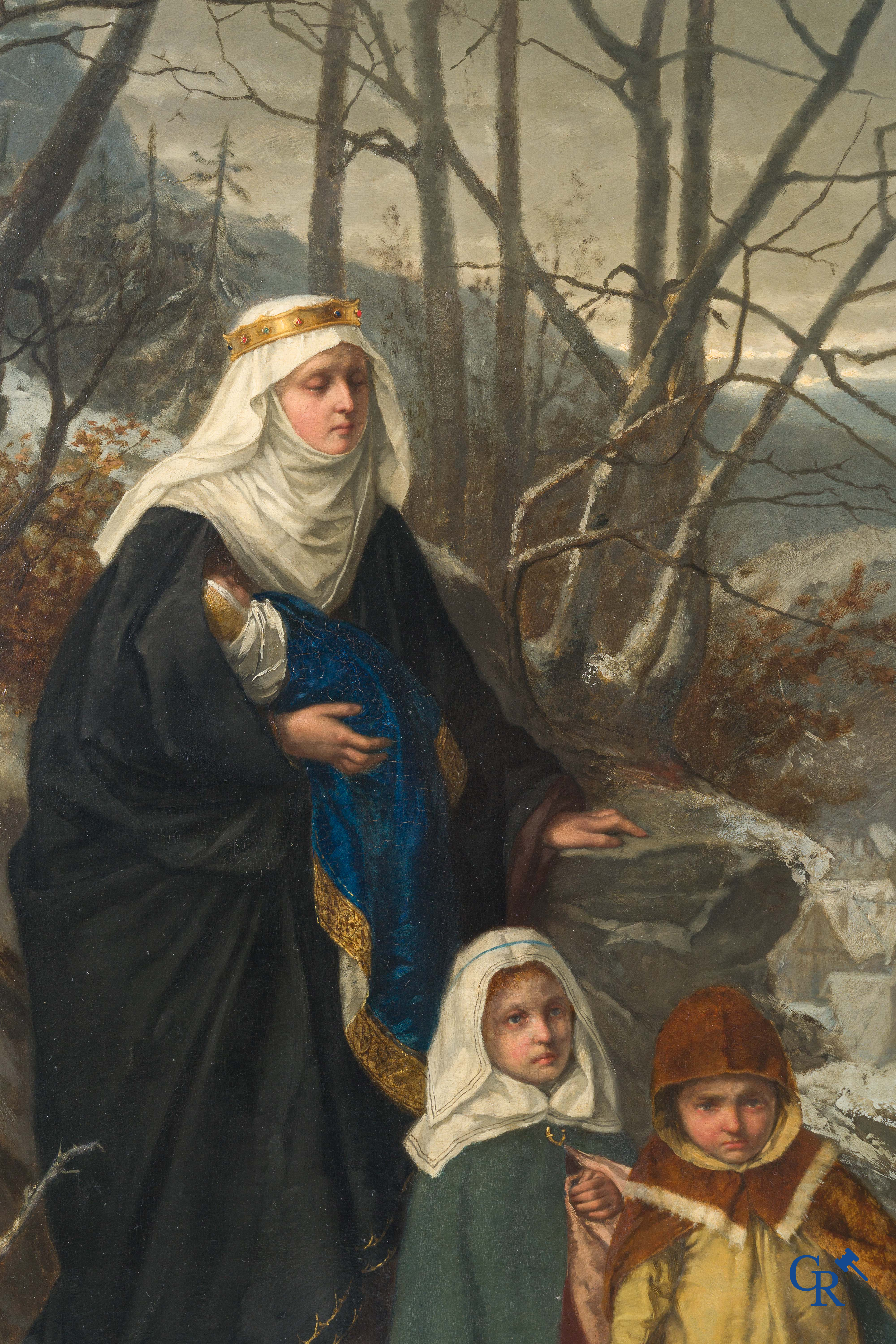 Juliaan De Vriendt. (1842-1935) "Sainte-Elisabeth chassée de la Wartbourg"  Olie op paneel. Gedateerd 1873.