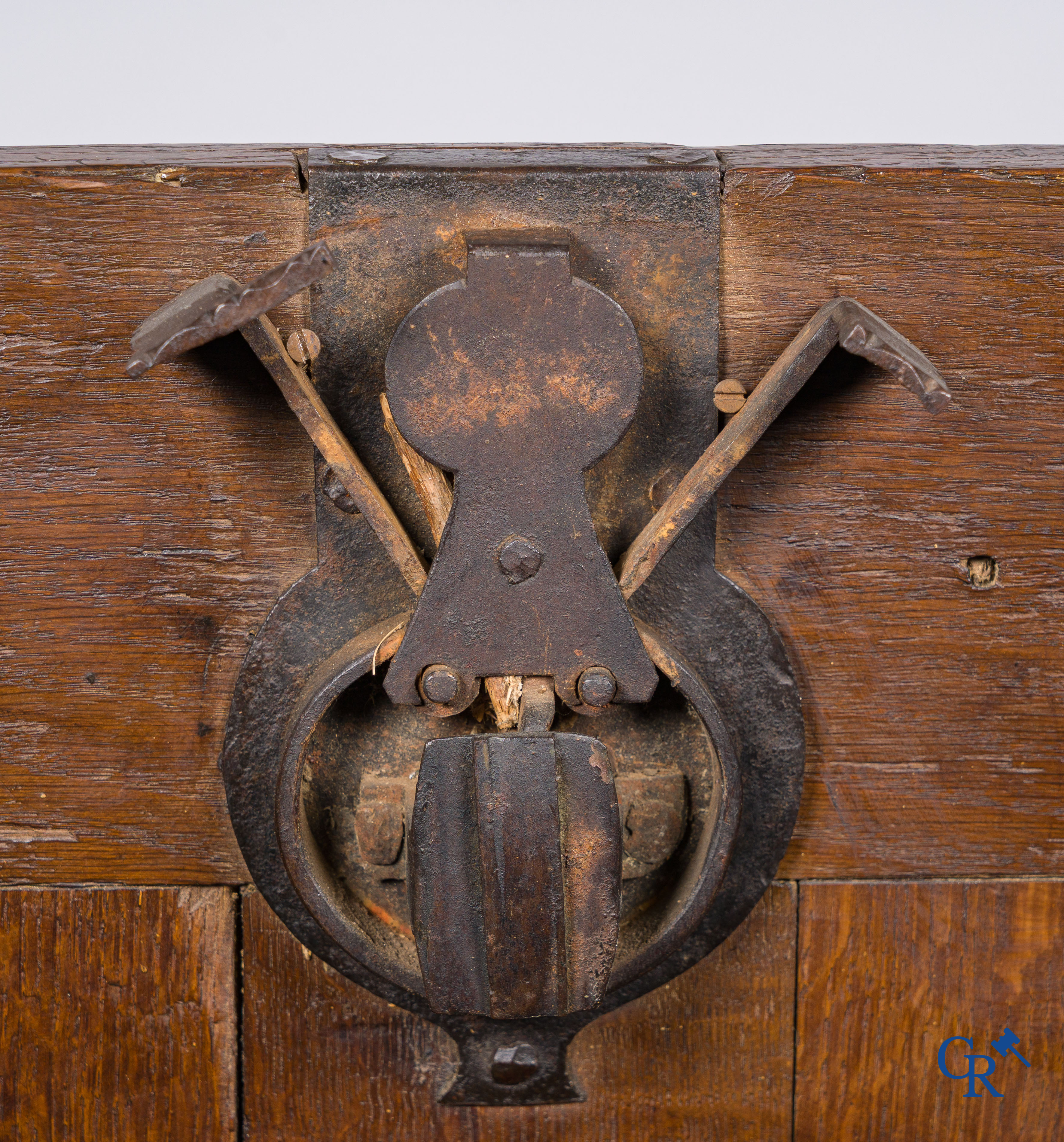 Oak trunk with original wrought iron lock work. Beautiful patina. 18th century.