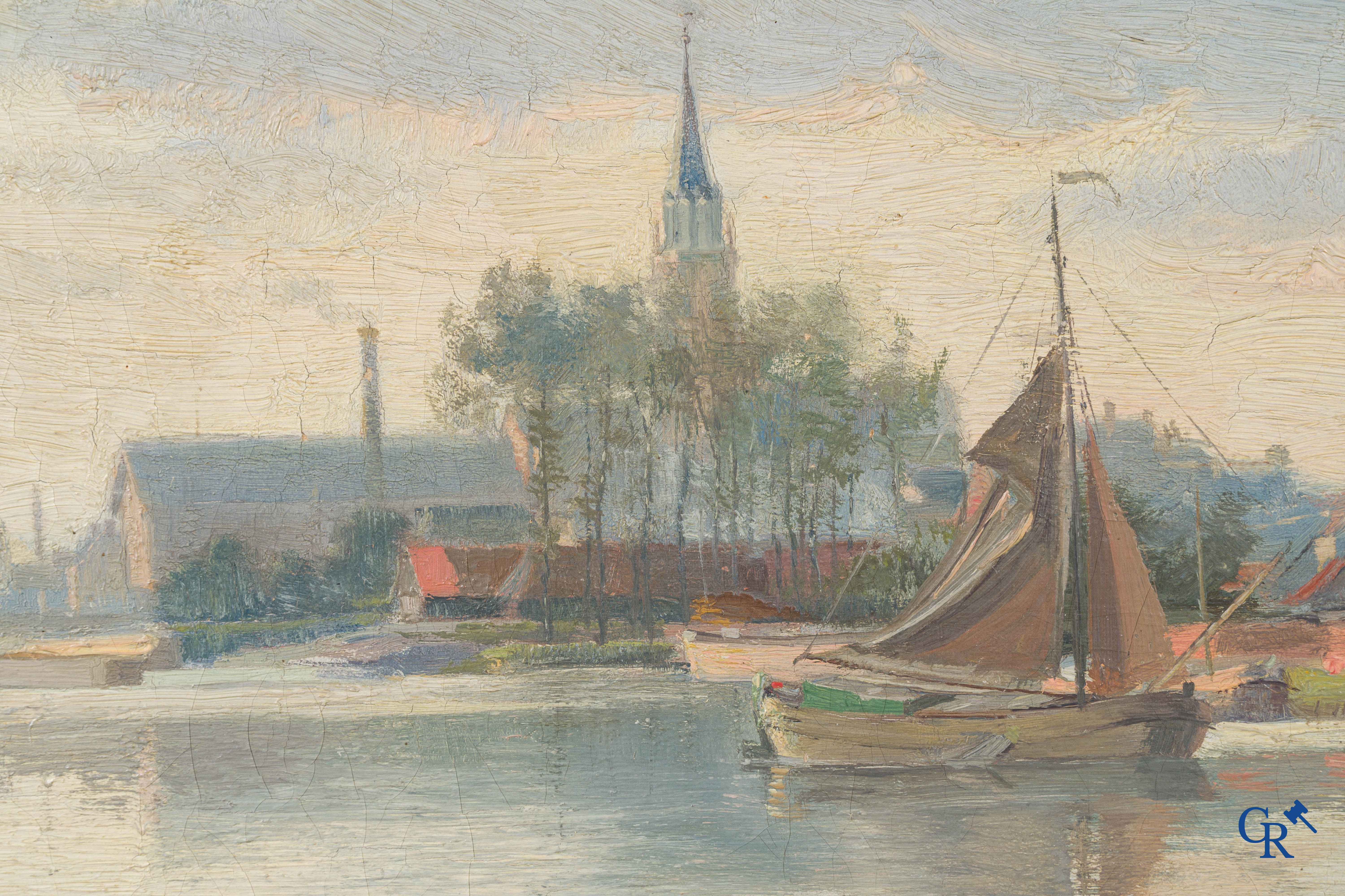 Louis Van Engelen (1856-1940) Village view with boats on a lake. Oil on canvas. Signed and dated Boom 1894.