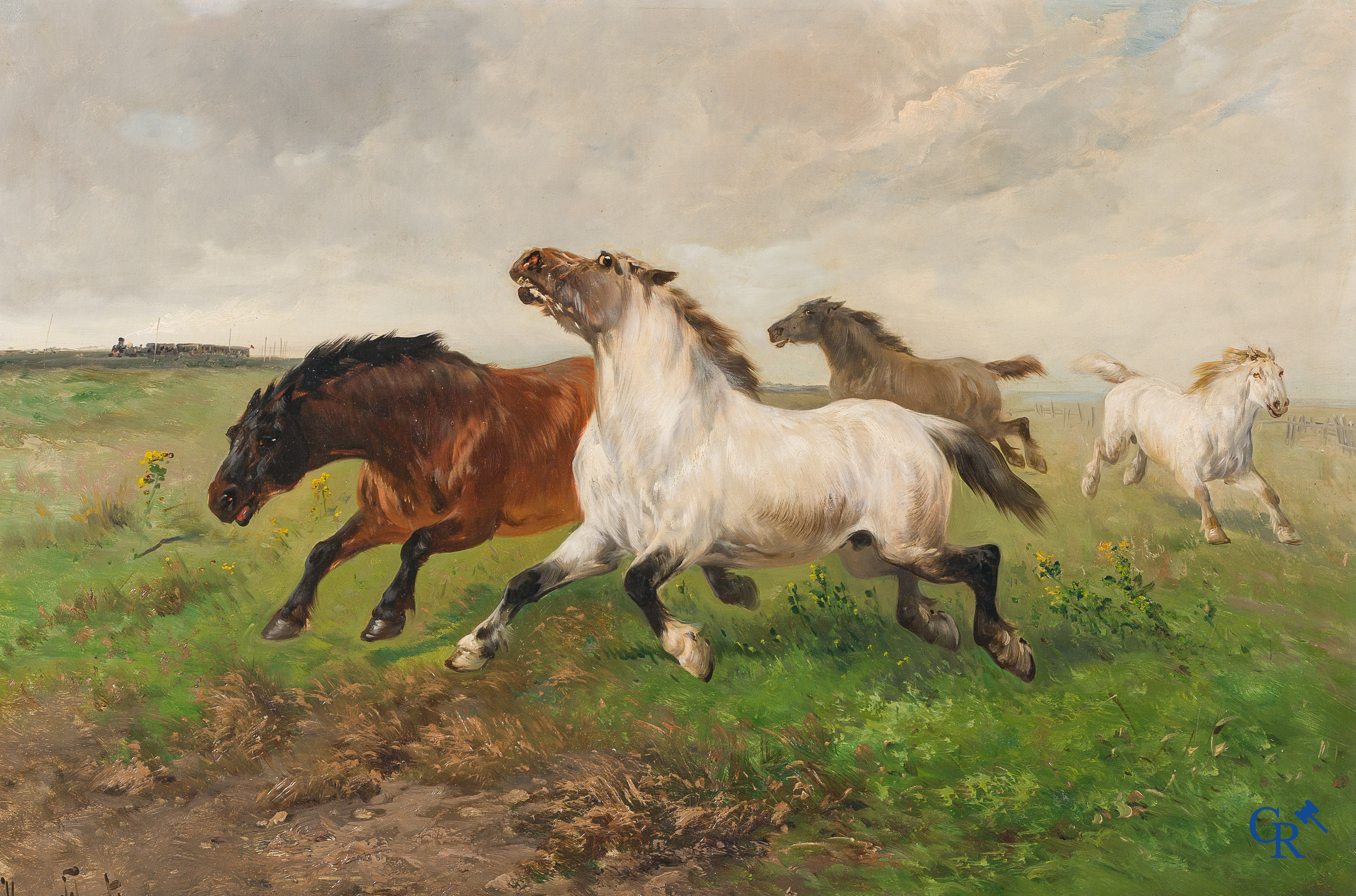 Henry Schouten. Groot schilderij in een mooie vergulde kader. "Paarden in een weide" Linksonder gesigneerd.
