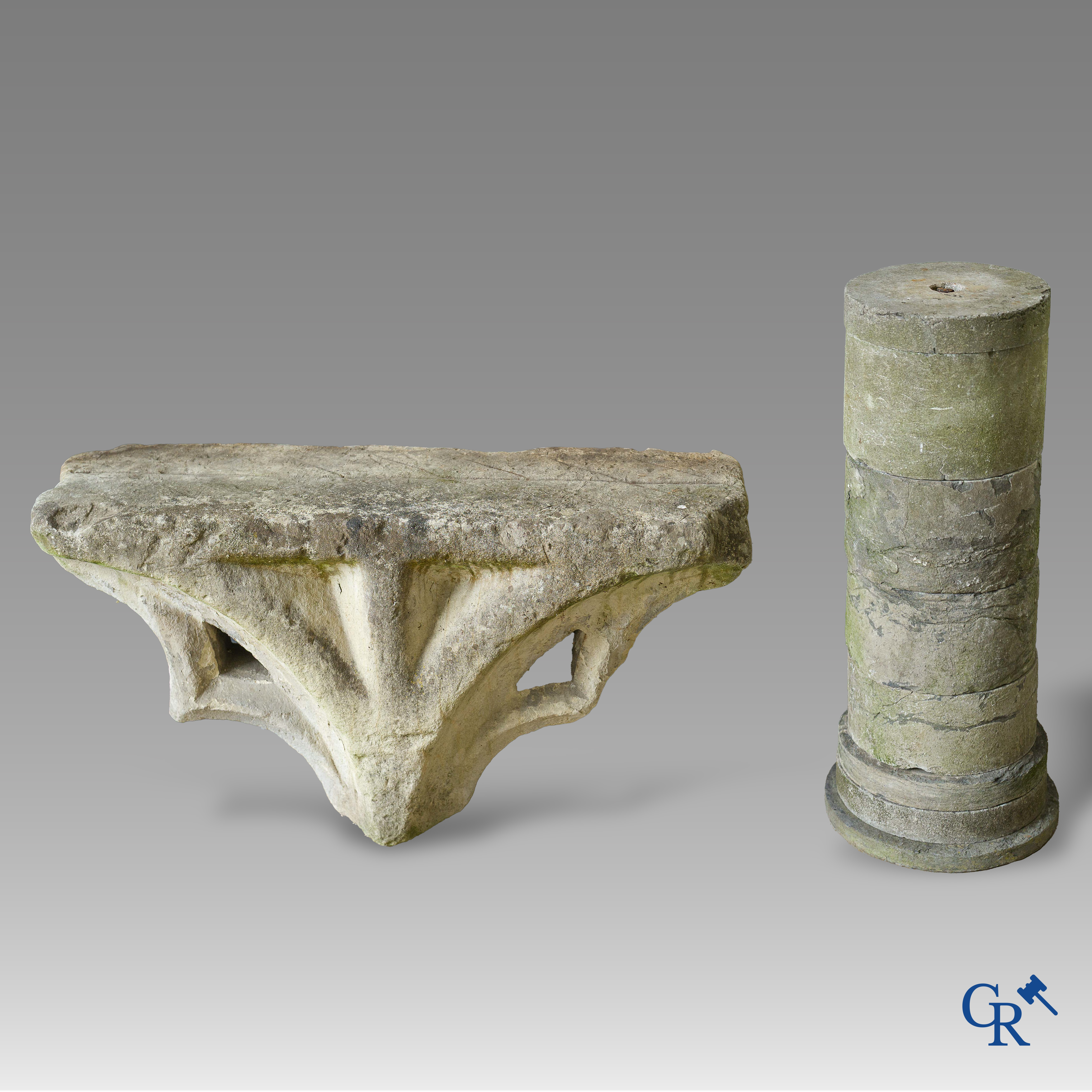 Antique carved architectural ornament in French white stone and a column in stone. 18th century.
