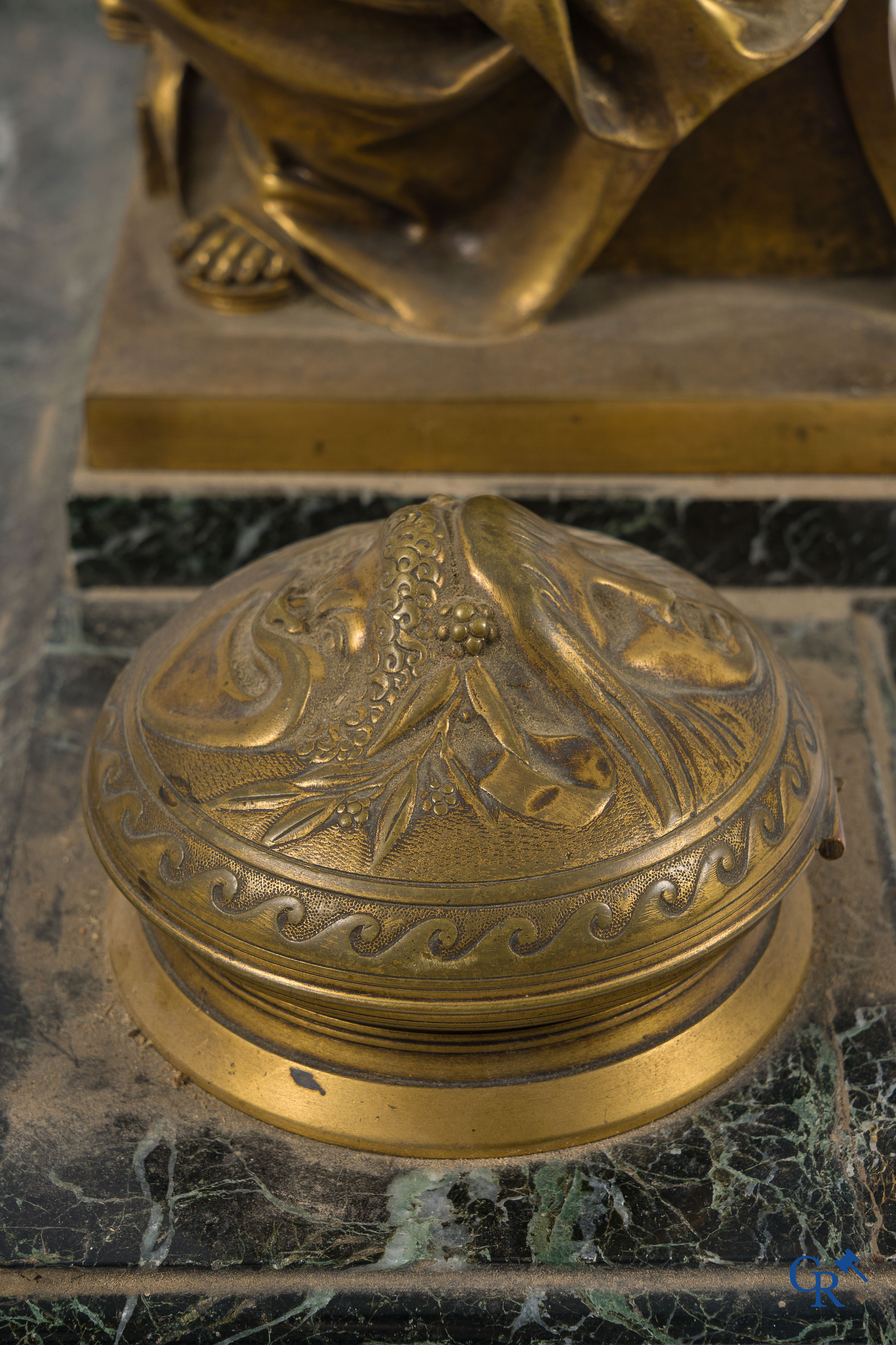 Napoleon III period. Exceptionally large desk set or ink set in gilded bronze and marble.