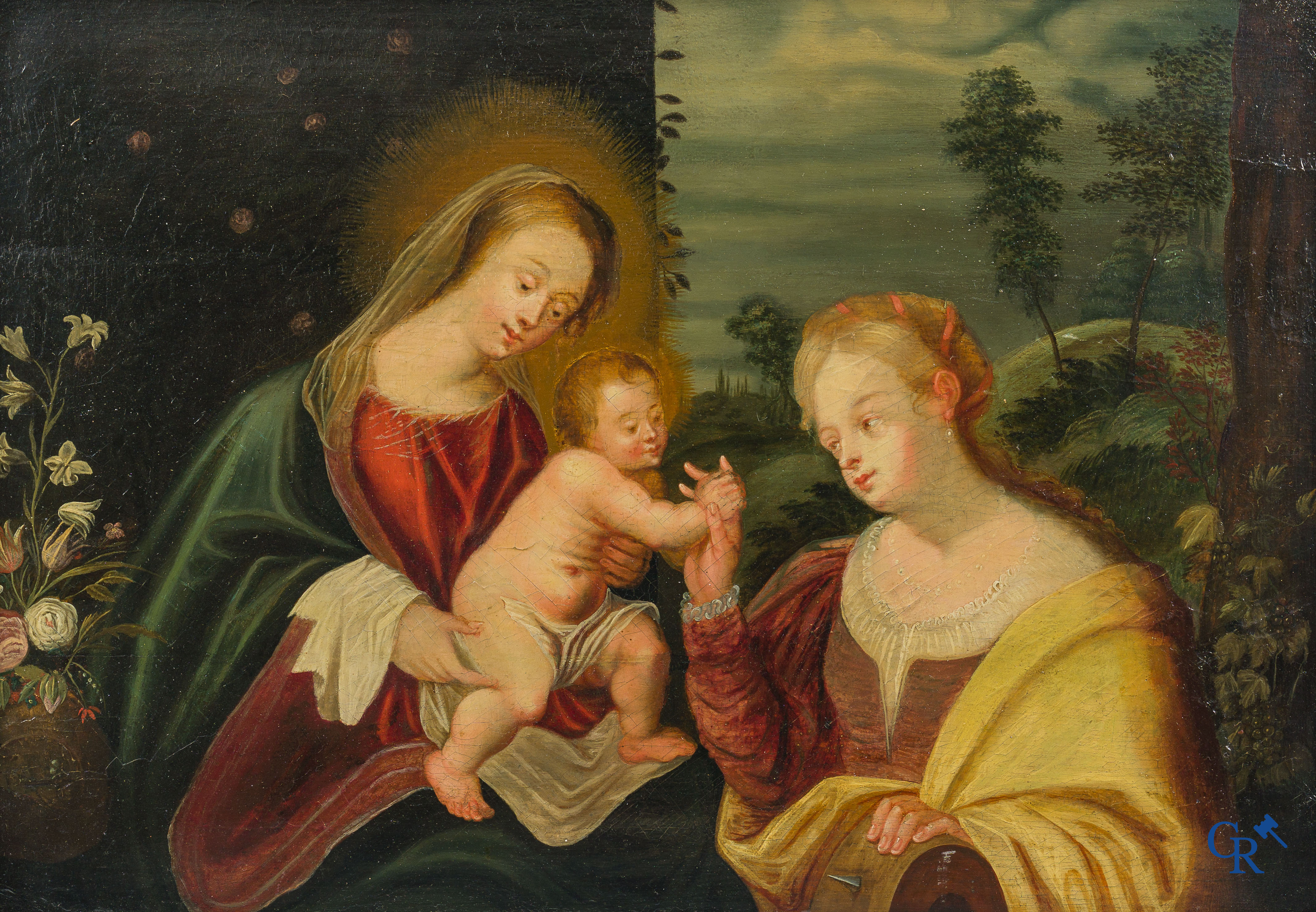 Vlaamse School, 17e eeuw. Schilderij, olie op paneel. "Mariage mystique de Sainte Catherine".