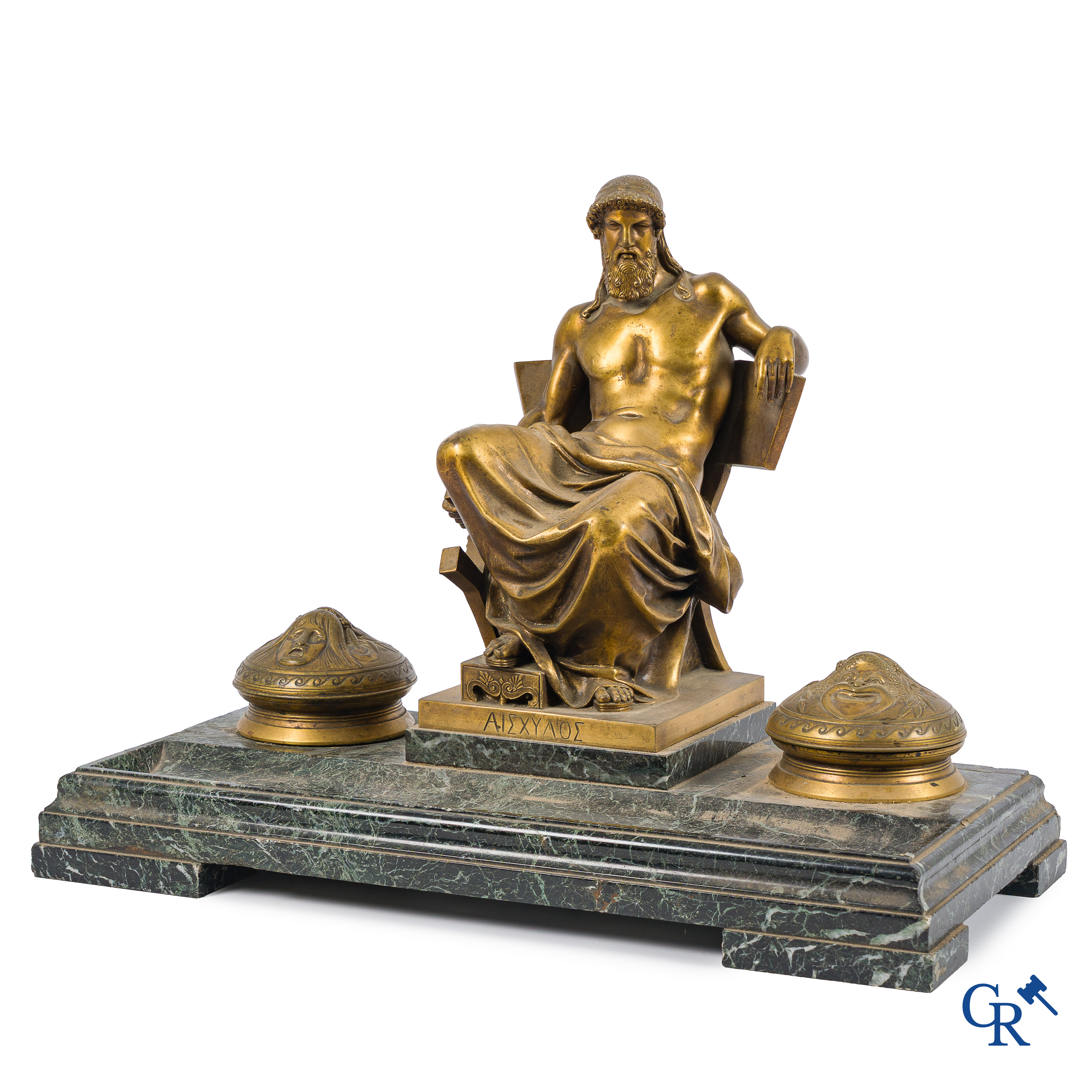 Napoleon III period. Exceptionally large desk set or ink set in gilded bronze and marble.