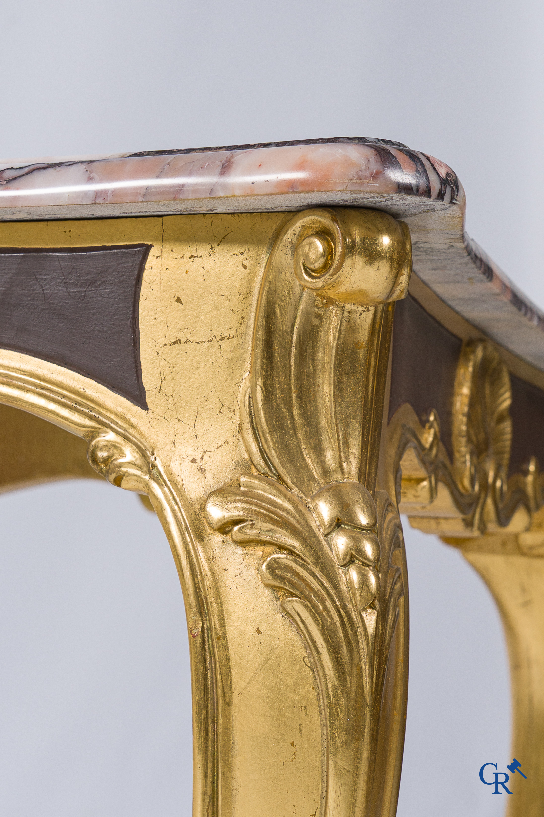 Furniture. Coffee table in gilded wood and marble top and 2 chairs with cannage. LXV style.