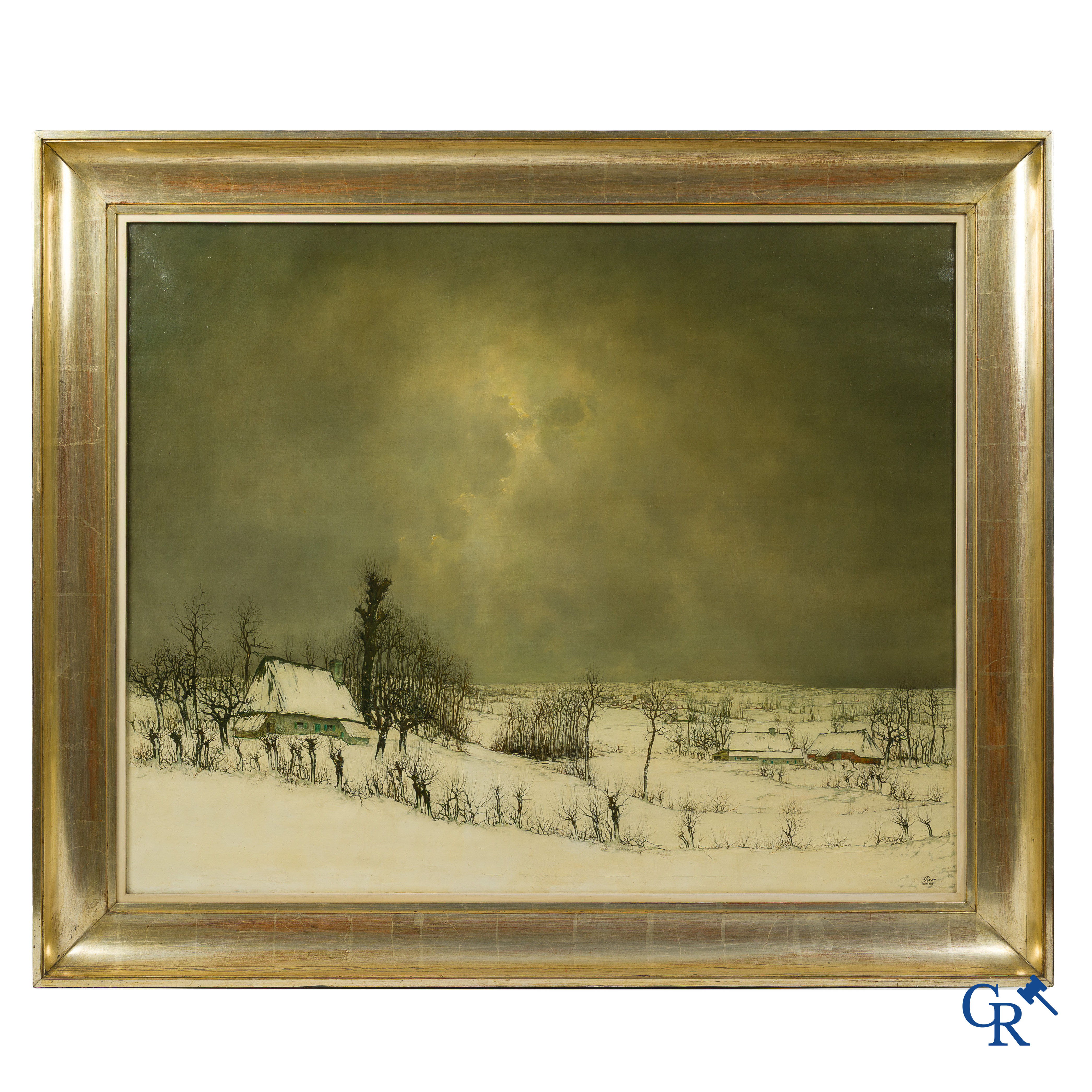 Leo Piron (1899-1962) Winterlandschap, zicht op Nukerke. Olie op doek. Rechtsonder gesigneerd Piron Nukerke.