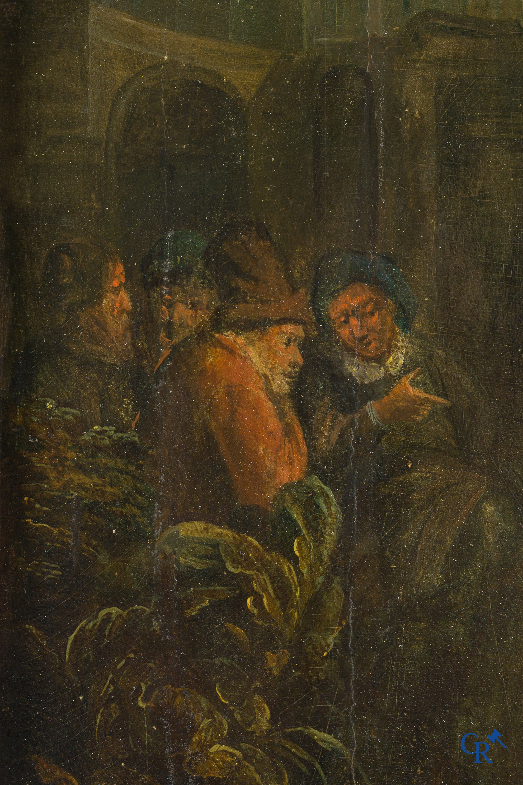 Painting. After Rembrandt van Rijn. The Descent from the Cross. Oil on parqueted panel. 18th century.