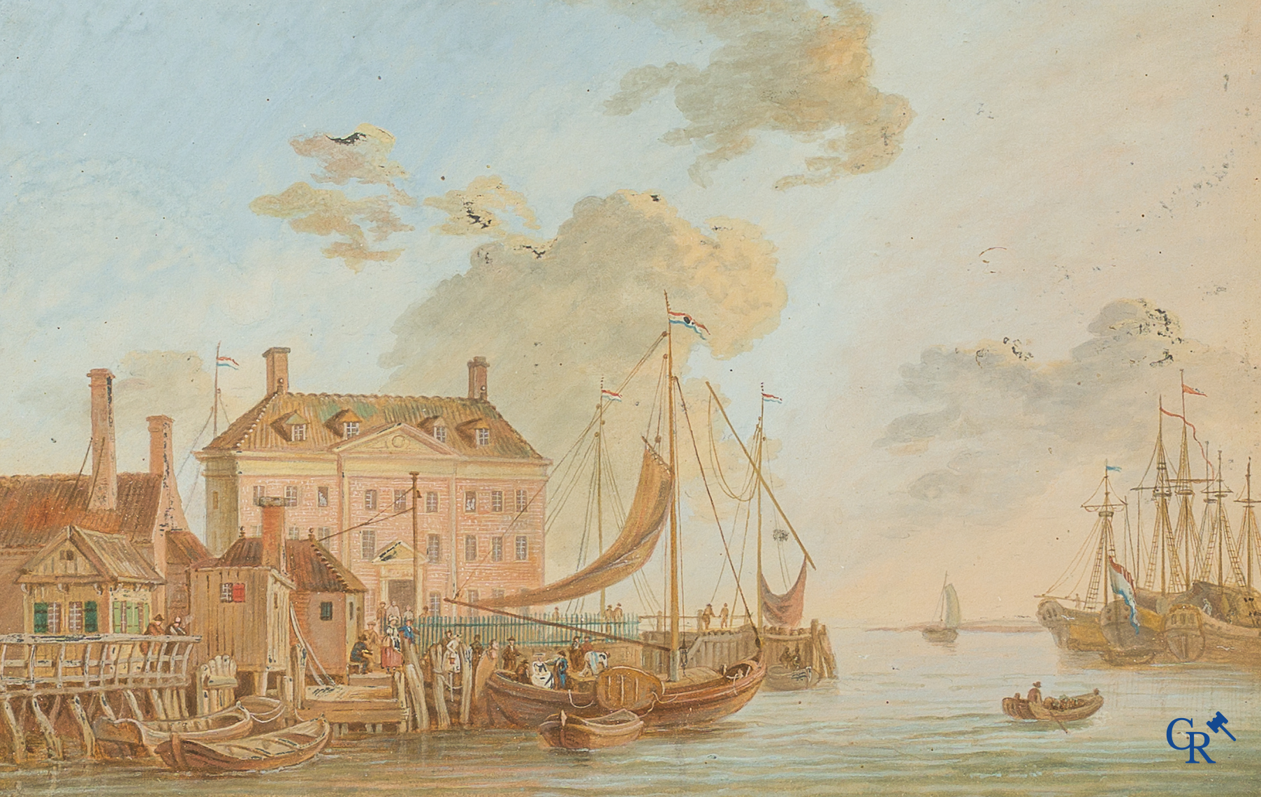 Hollandse school circa 1800. Maritiem stadsgezicht. Zicht op de Nieuwe Stadsherberg te Amsterdam. Aquarel op papier.