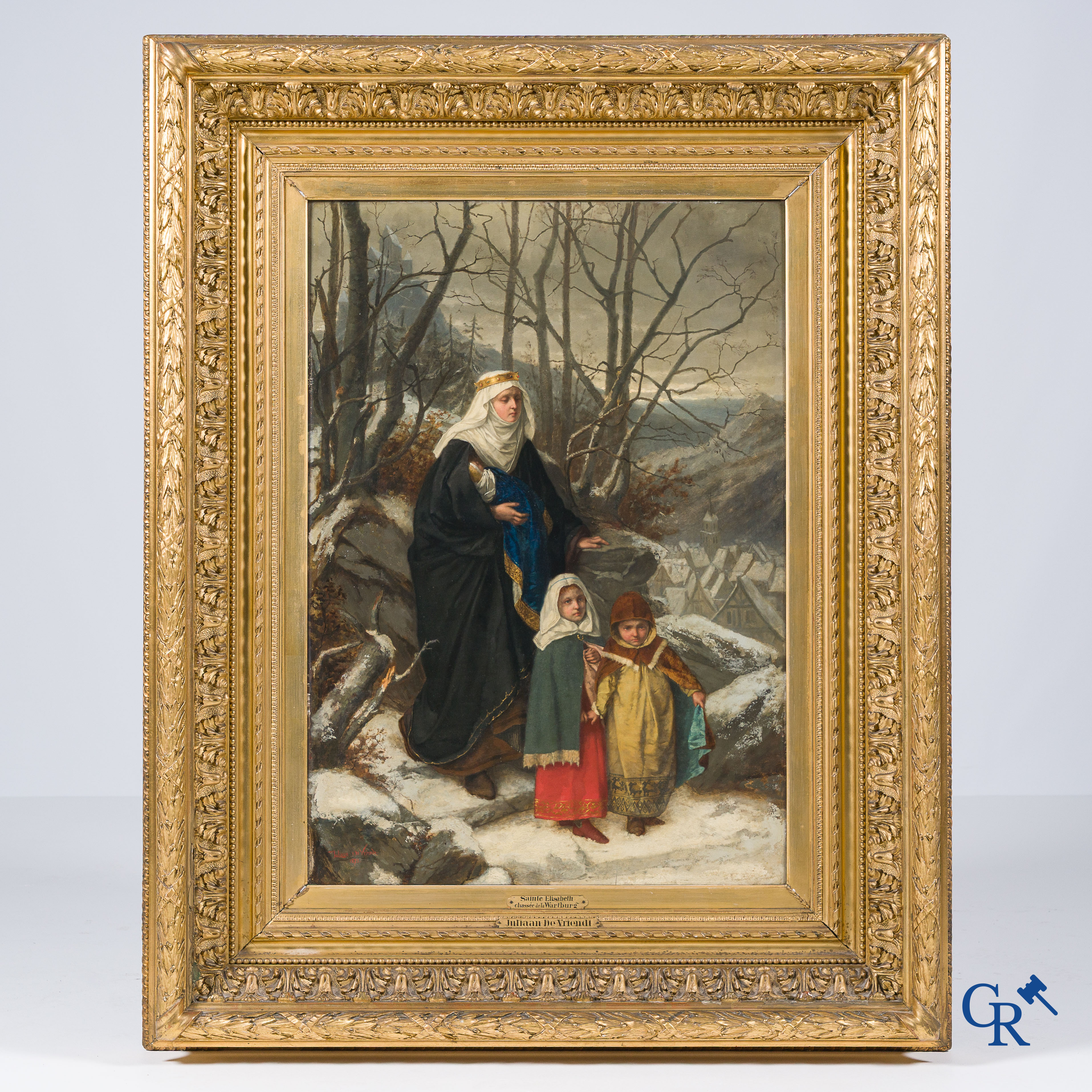 Juliaan De Vriendt. (1842-1935) "Sainte-Elisabeth chassée de la Wartbourg"  Olie op paneel. Gedateerd 1873.