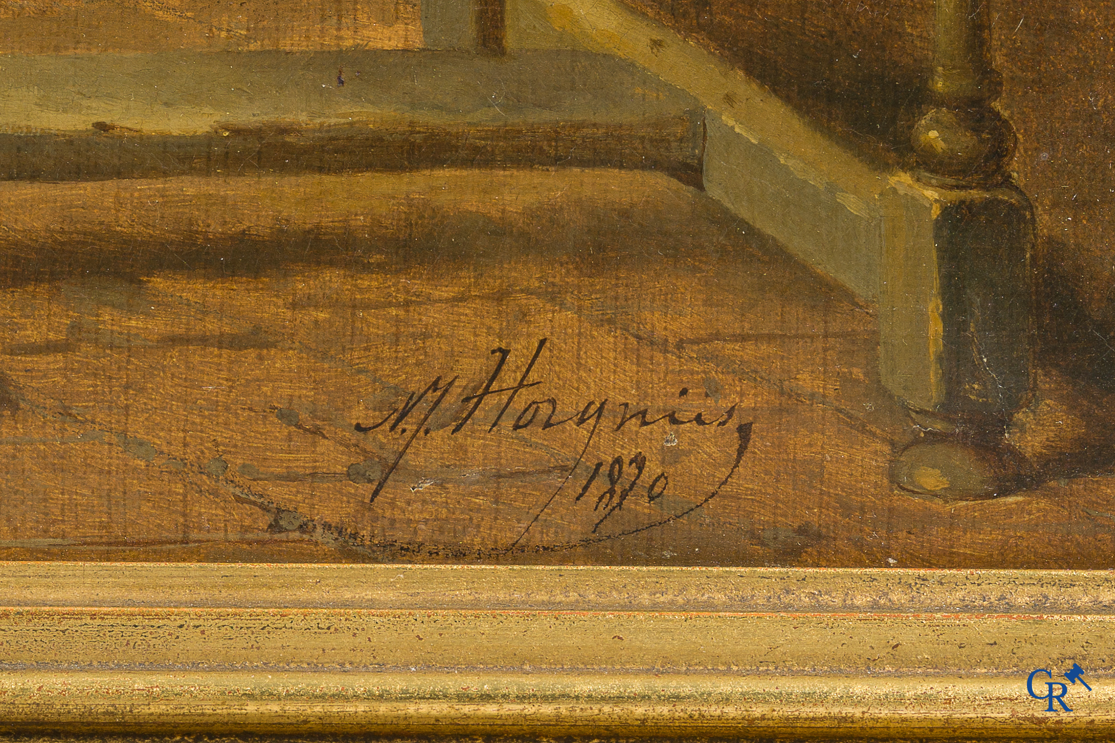 Norbert Joseph Horgnies (1830-1870) "Vertrek naar school" Olie op doek. Rechtsonder gesigneerd en gedateerd 1870.
