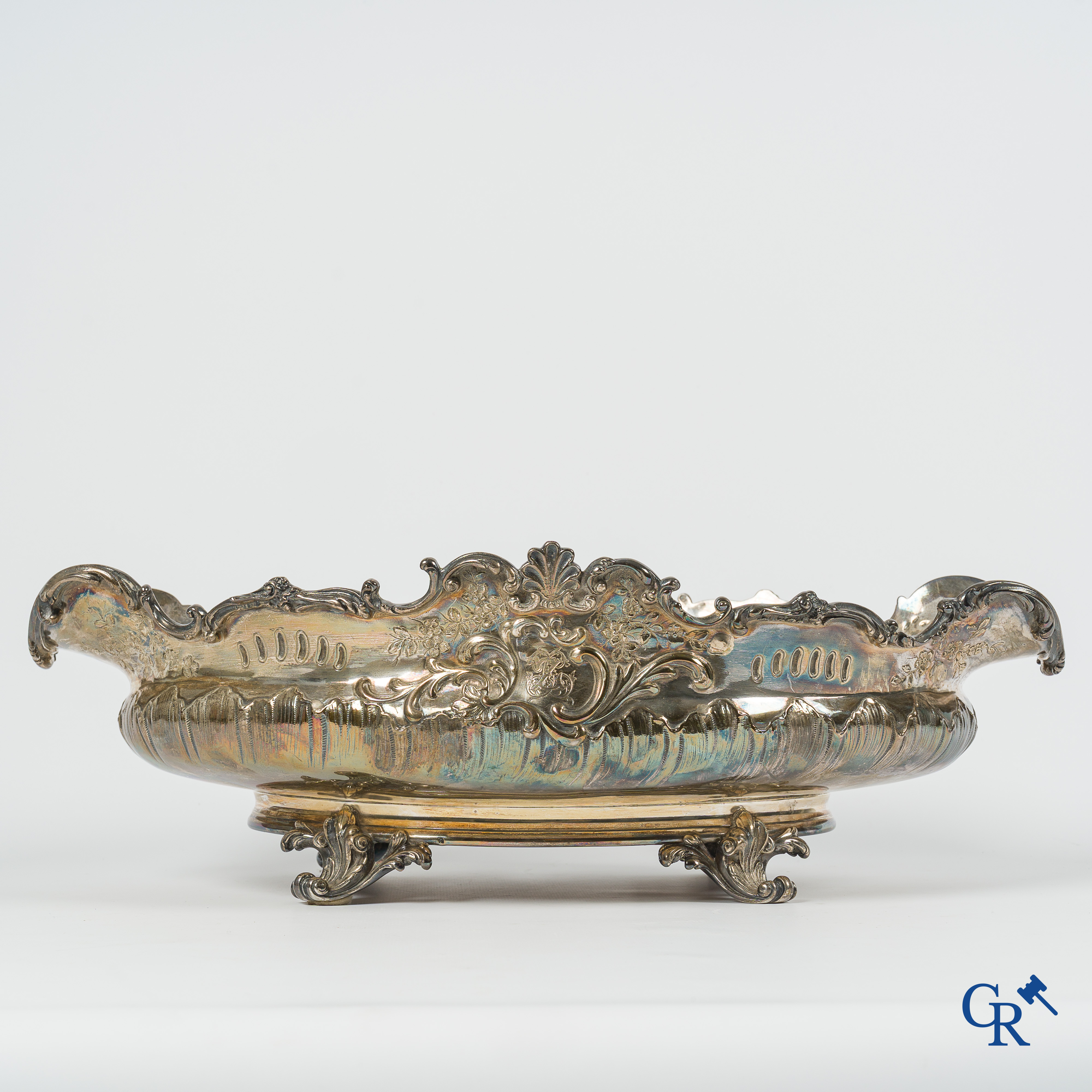 Silver. Decorative center piece or "milieu de table" in silver. Marked with a Minerva head. LXV style.