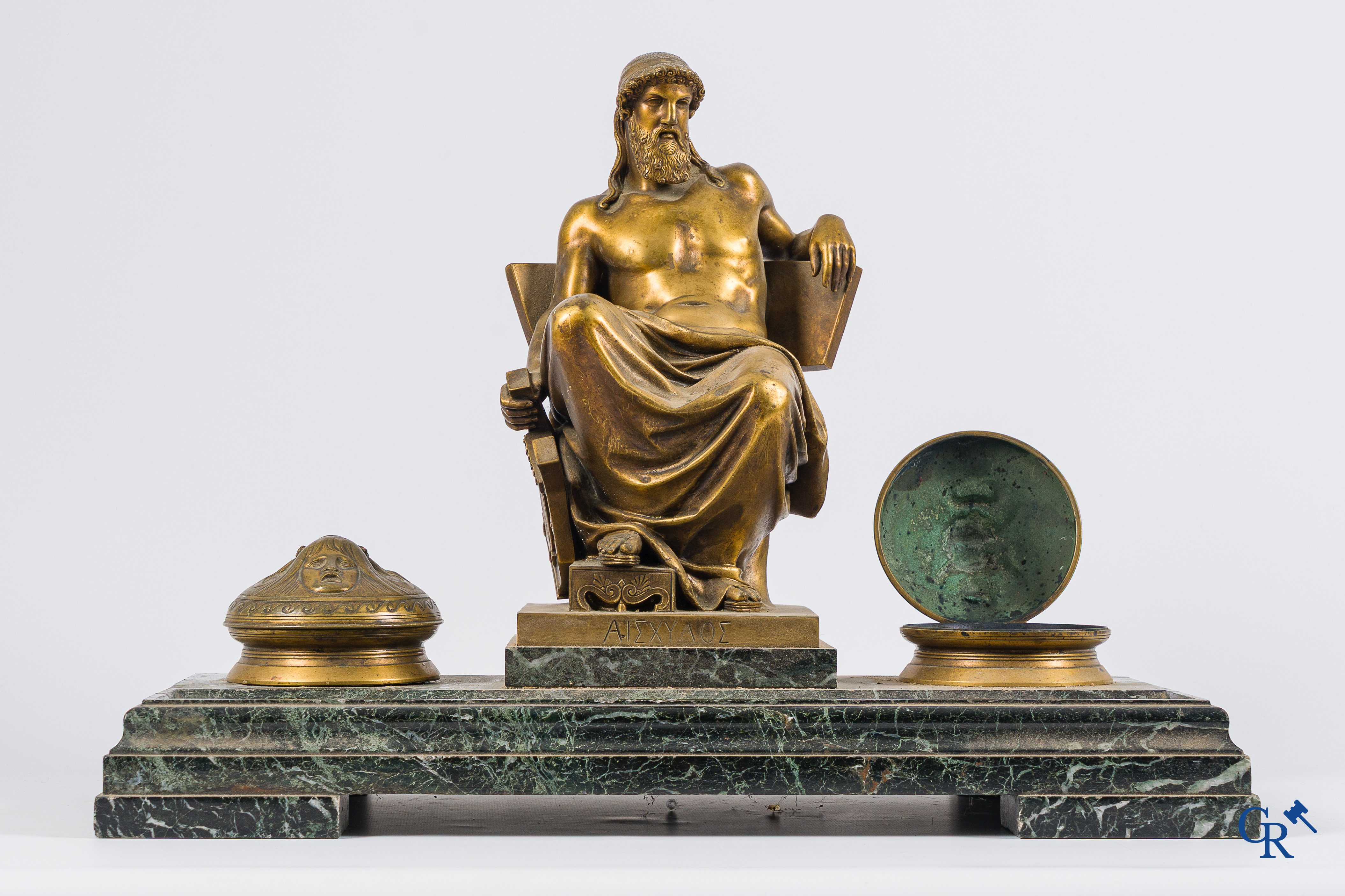 Napoleon III period. Exceptionally large desk set or ink set in gilded bronze and marble.