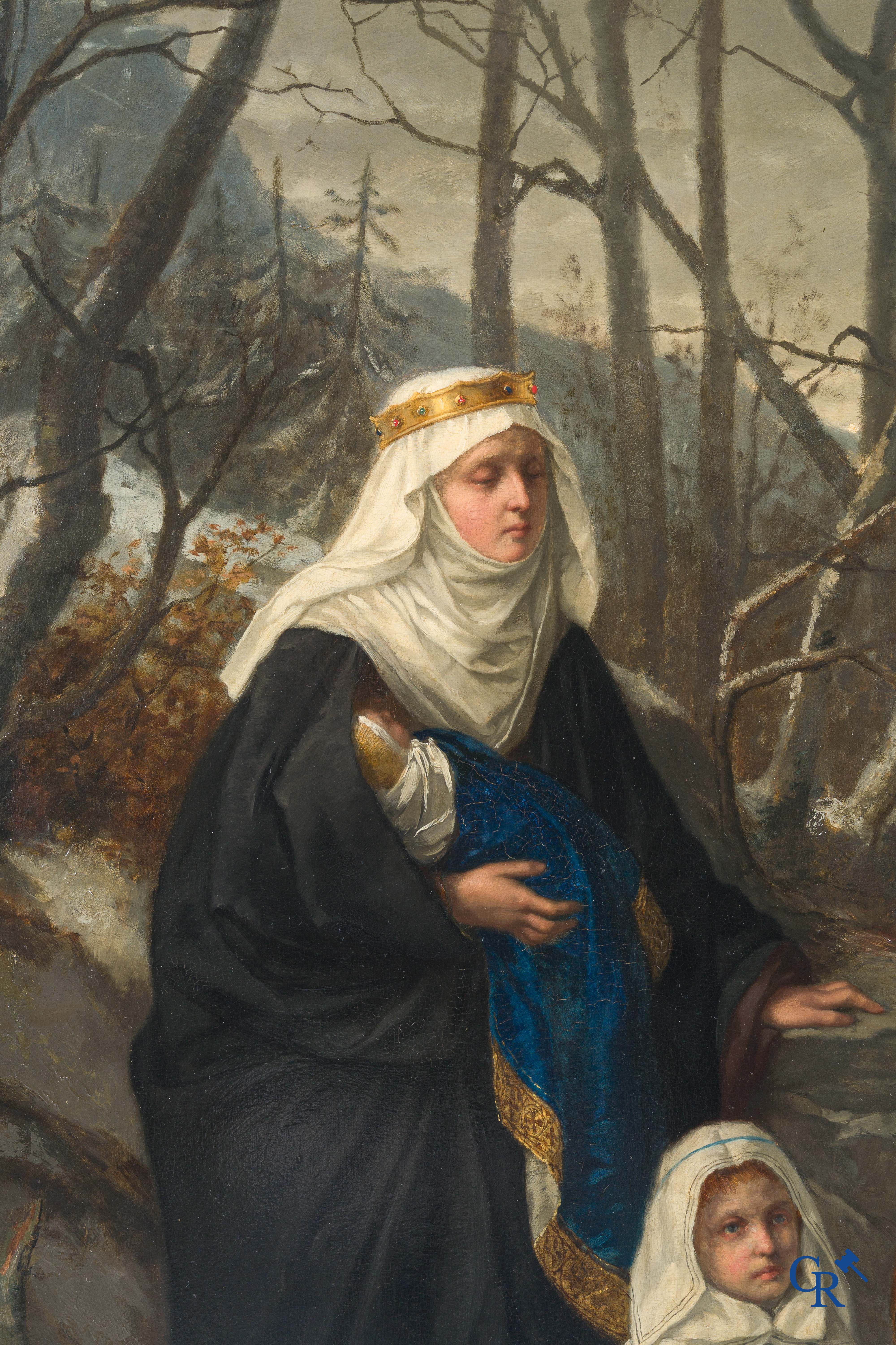 Juliaan De Vriendt. (1842-1935) "Sainte-Elisabeth chassée de la Wartbourg"  Olie op paneel. Gedateerd 1873.