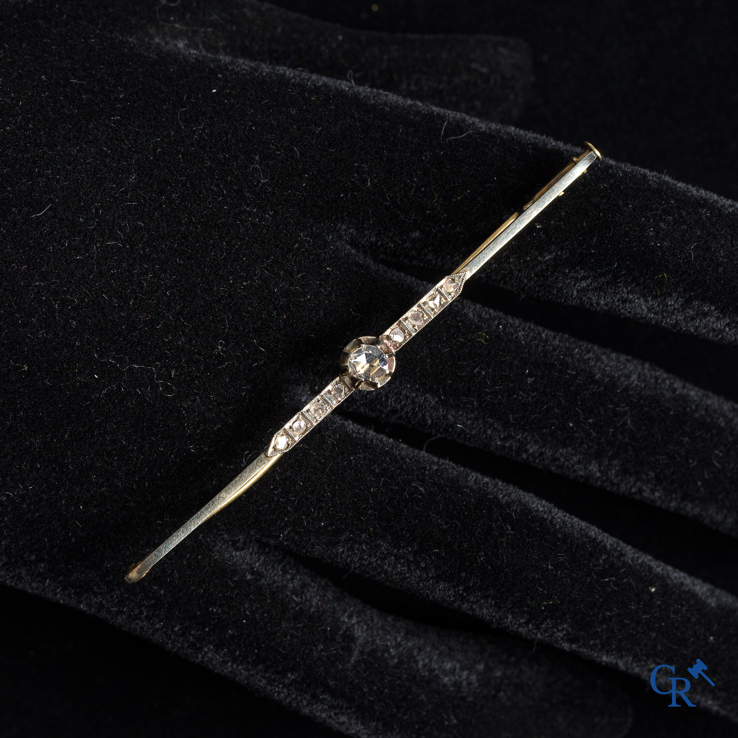 Juwelen. Een dasspeld/broche in goud 750°/00 bezet met diamanten.