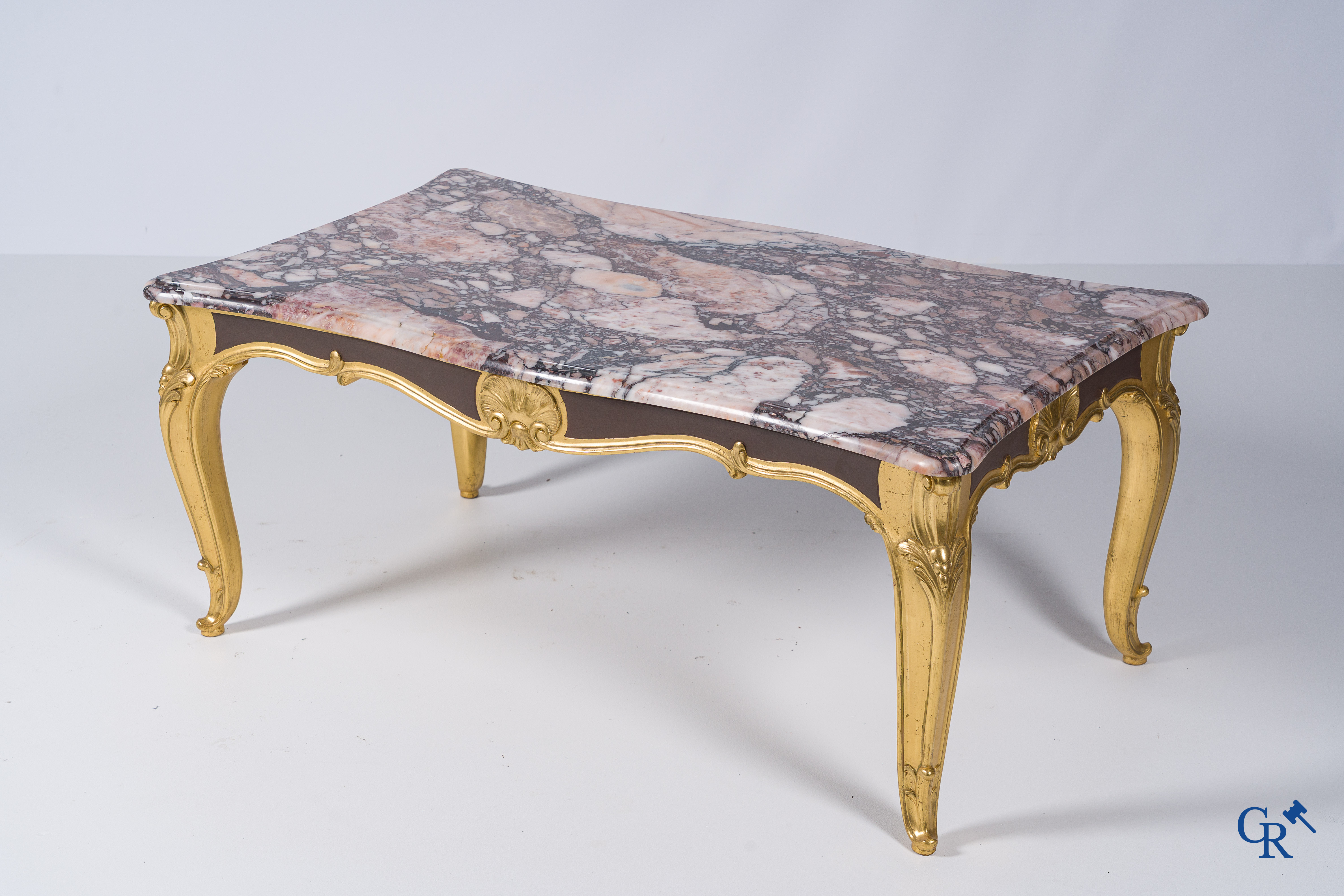 Furniture. Coffee table in gilded wood and marble top and 2 chairs with cannage. LXV style.