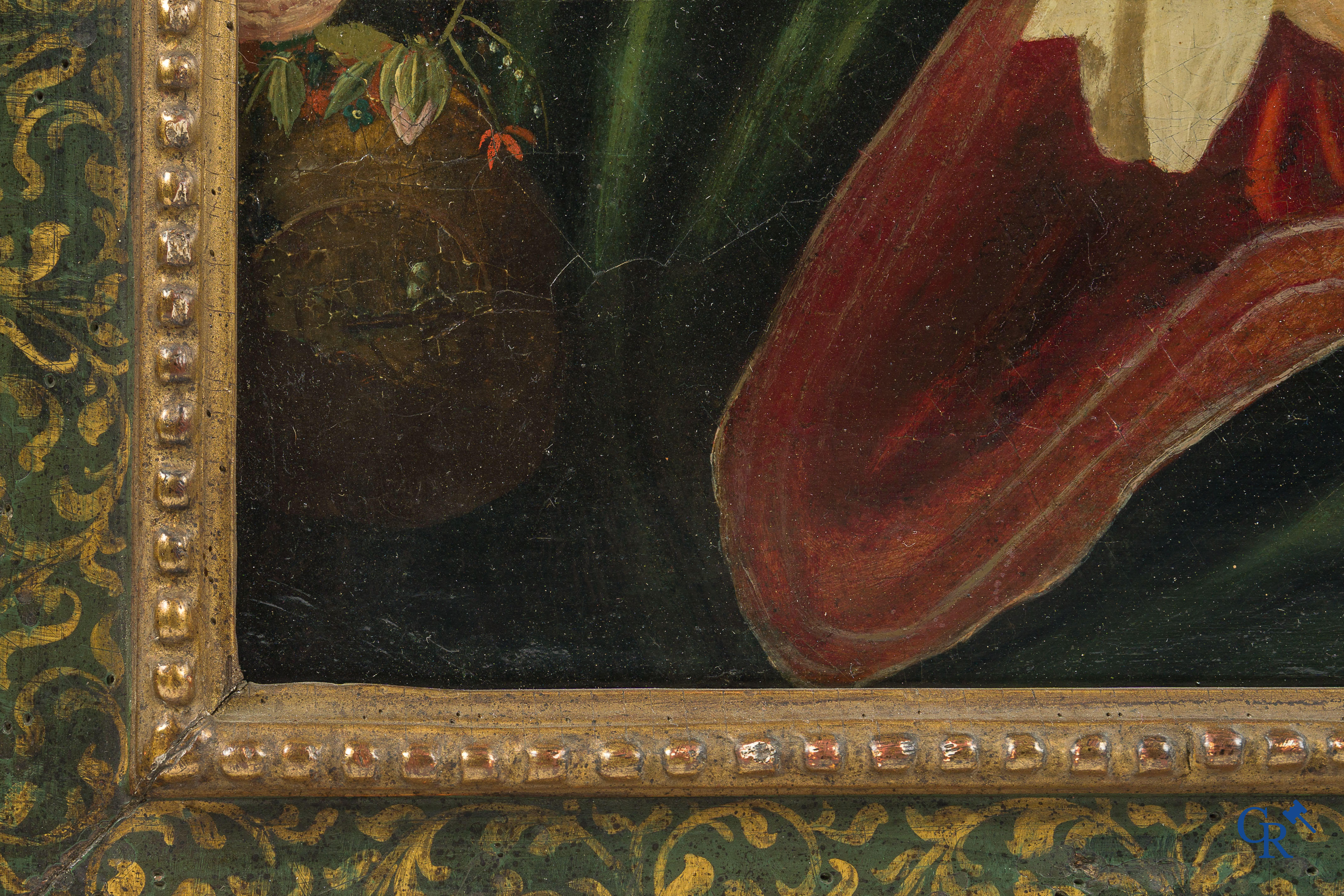 Vlaamse School, 17e eeuw. Schilderij, olie op paneel. "Mariage mystique de Sainte Catherine".