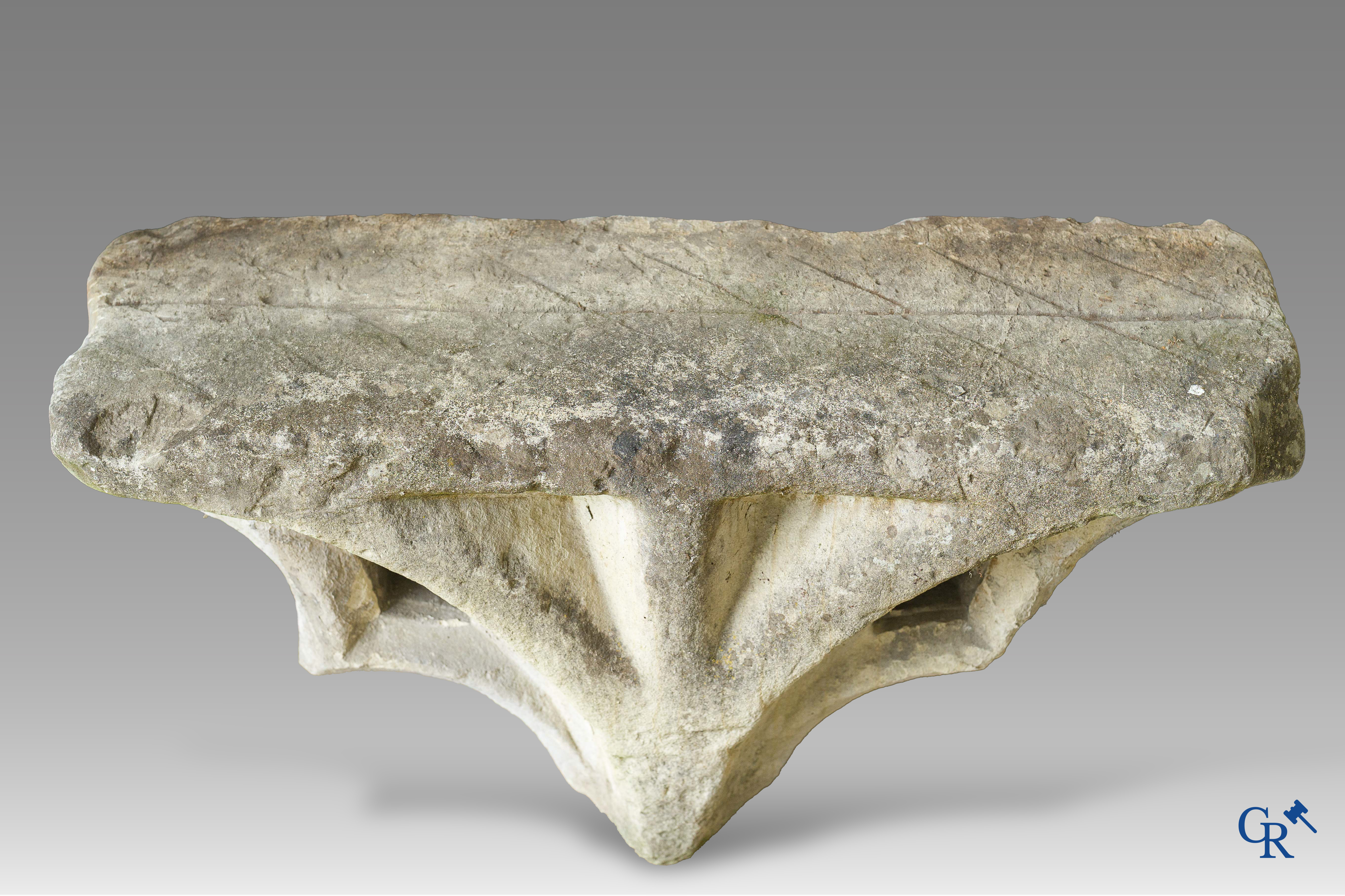 Antique carved architectural ornament in French white stone and a column in stone. 18th century.