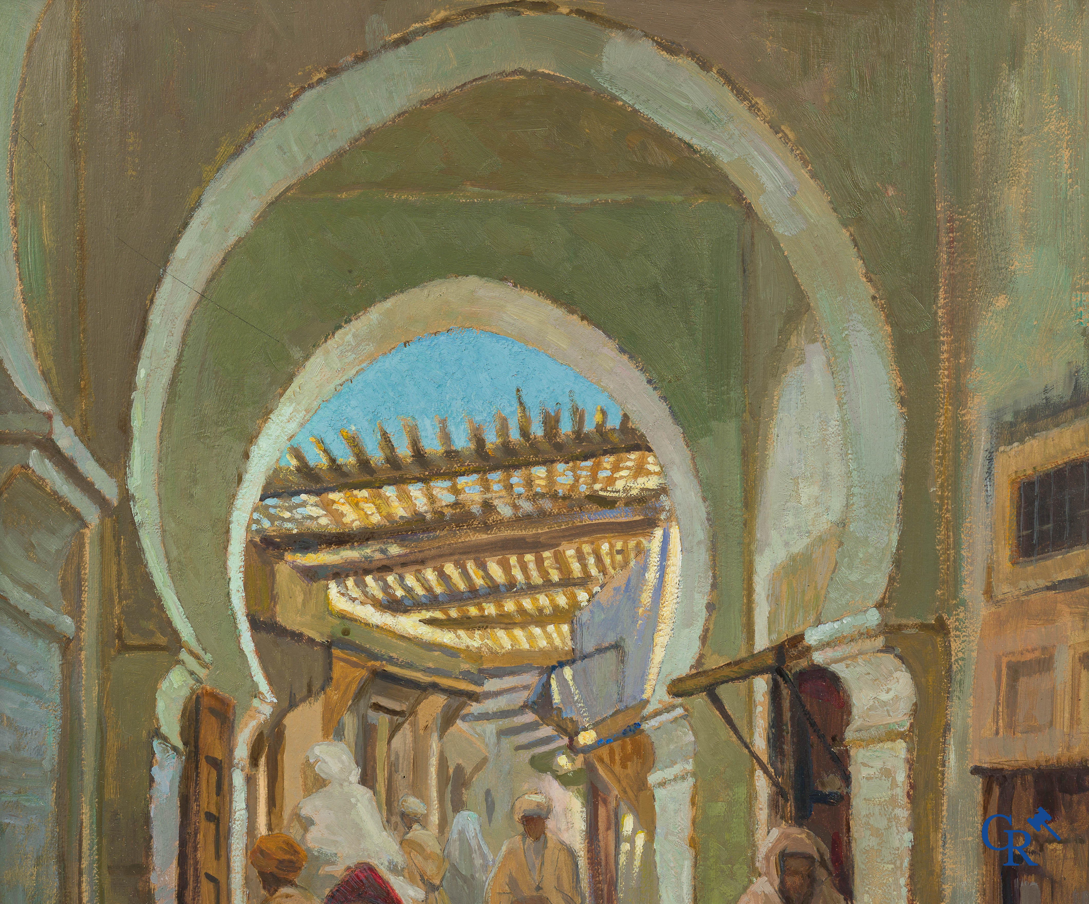 Marcel Hess (1878-1948) Oriëntaalse scène. "Souks à Médina de Fez" Olie op hard karton. Rechtsonder gesigneerd.