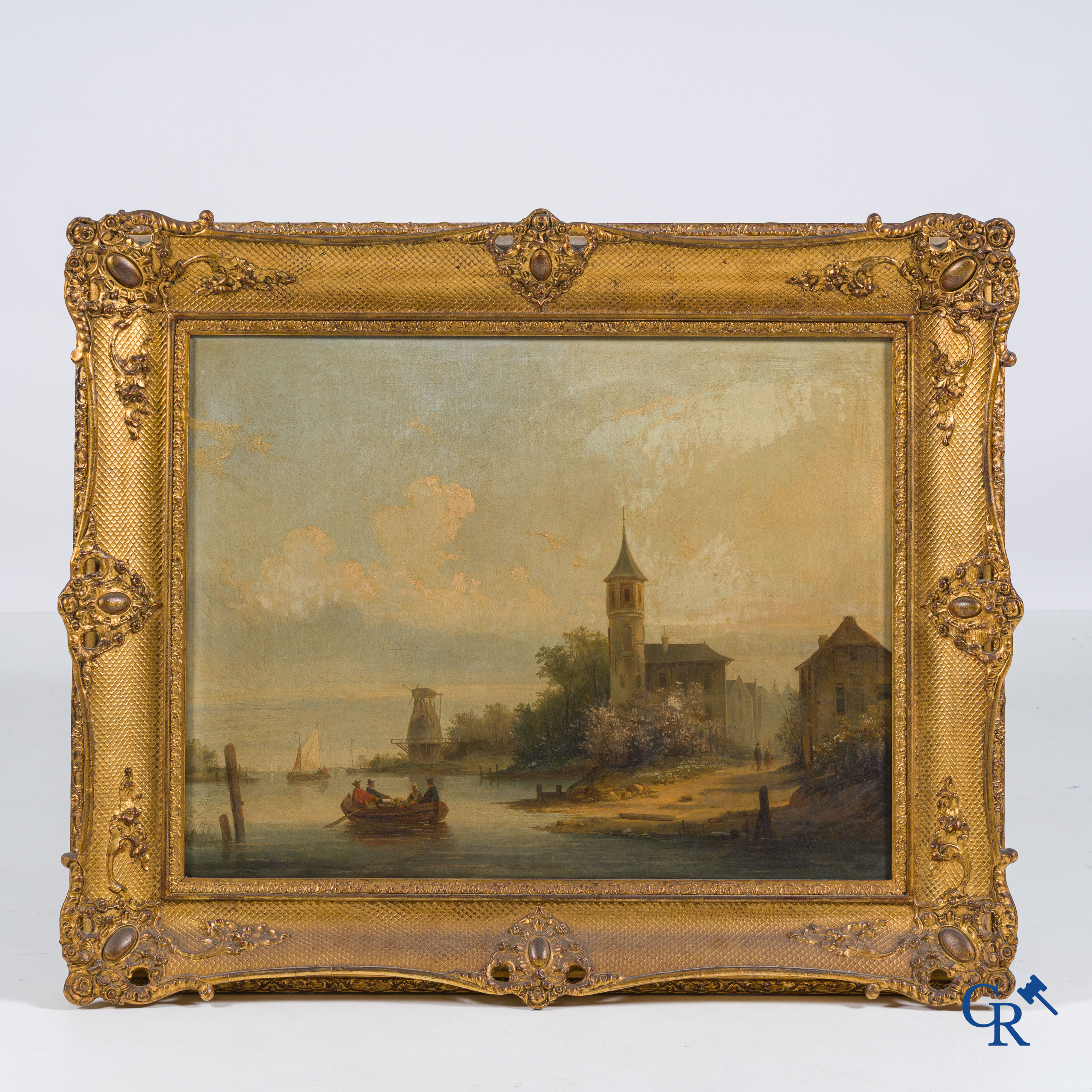 Smets Louis (1840-1896) Polderlandschap met personages op een sloep. Olie op mahonie. Gesigneerd rechtsonder.