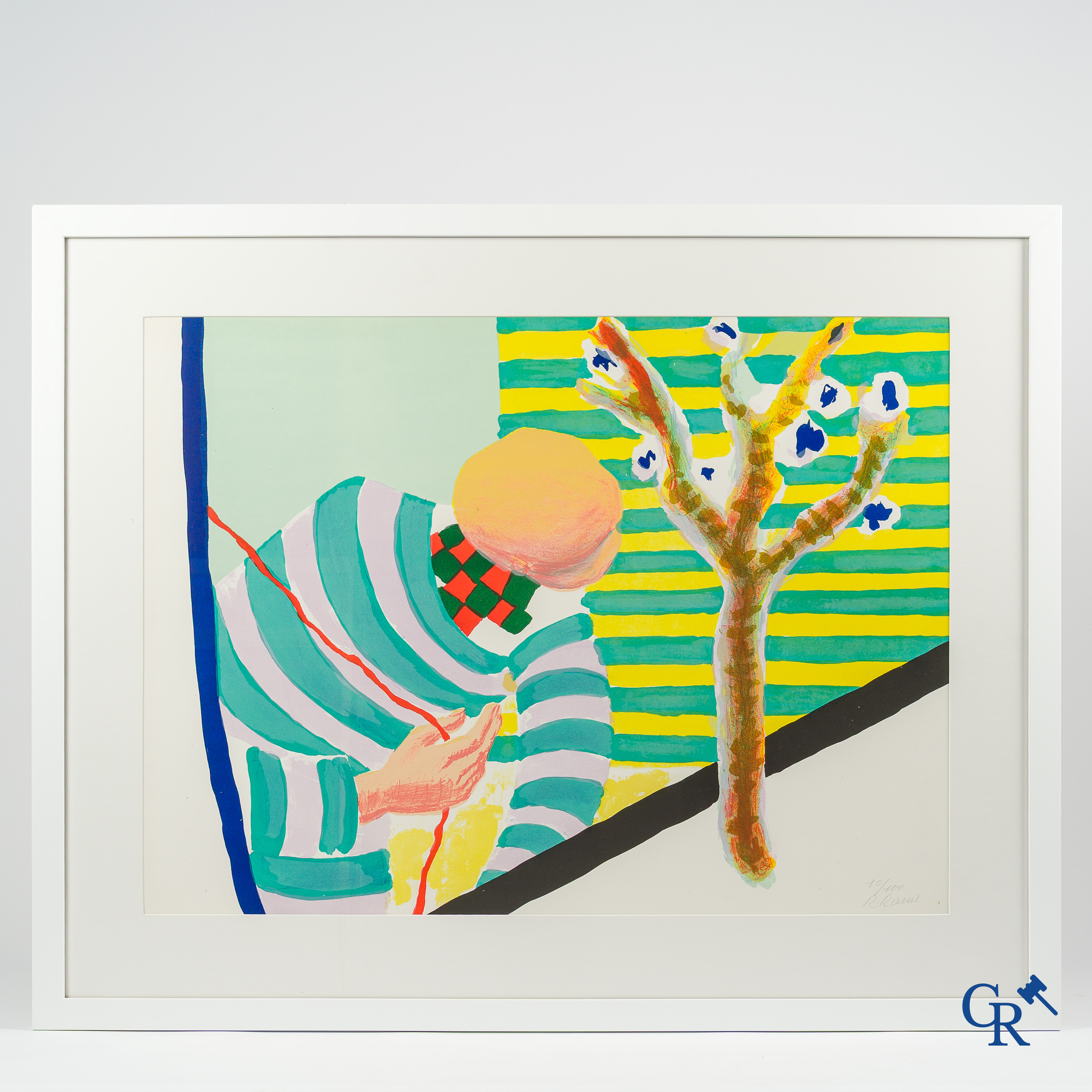Roger Raveel (1921-2013)(*) "Gestreepte man in gestreepte ruimte". Kleurenlithographie. Genummerd 10/100.