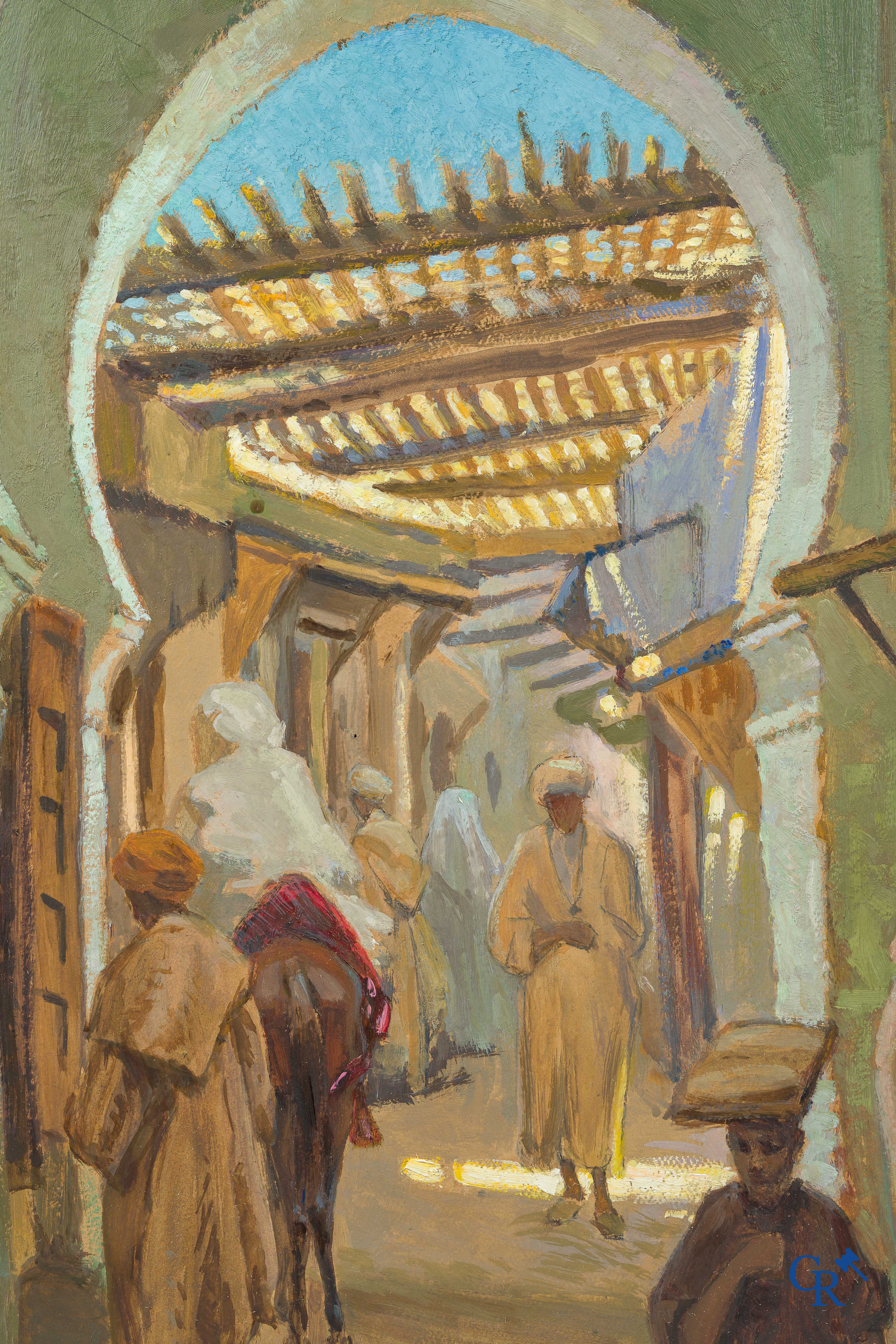 Marcel Hess (1878-1948) Oriëntaalse scène. "Souks à Médina de Fez" Olie op hard karton. Rechtsonder gesigneerd.