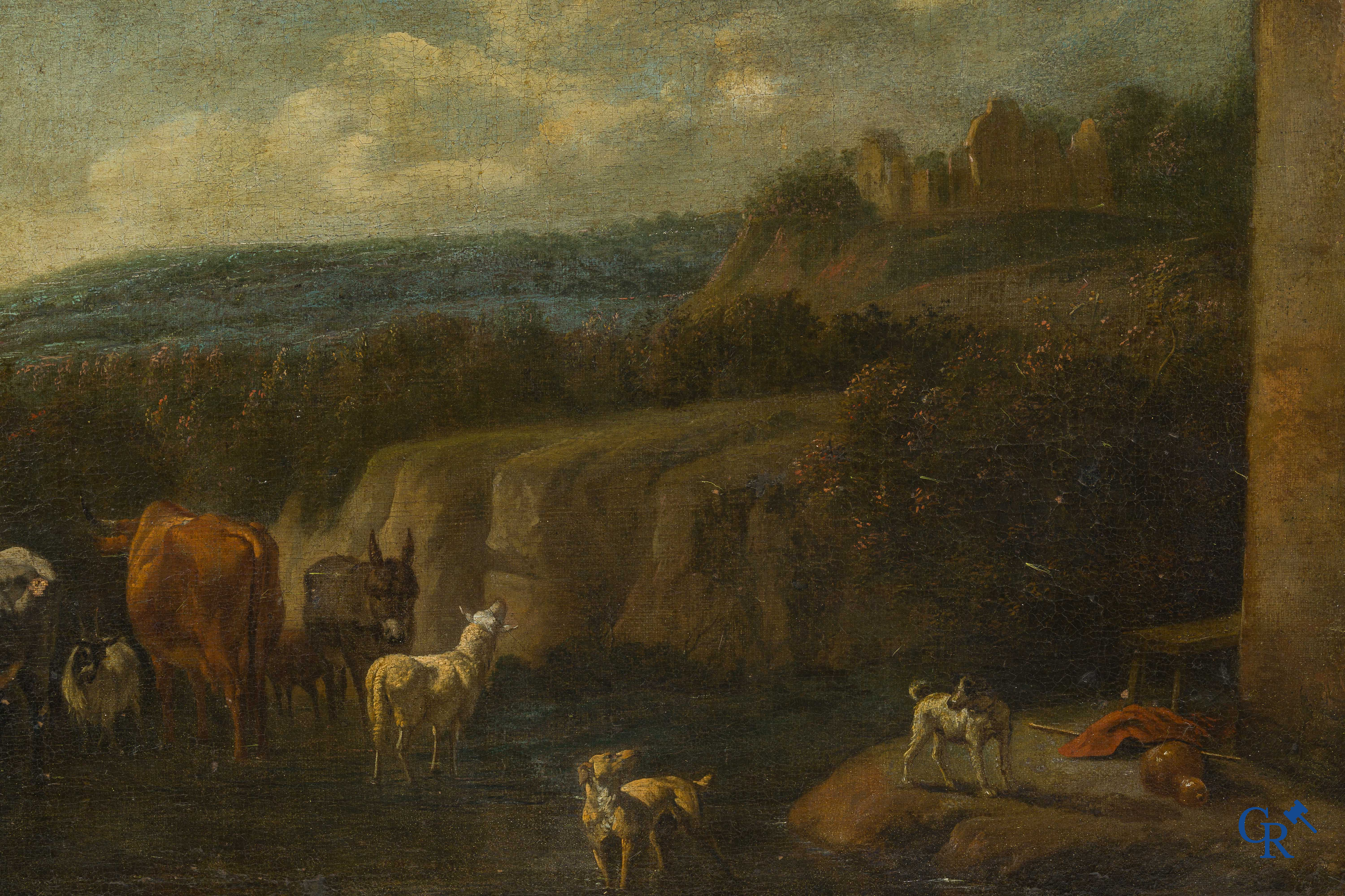 Karel Dujardin (Amsterdam 1626-Venetië 1678) (toegeschreven aan) Kudde in een Italiaans landschap. 17e eeuw.