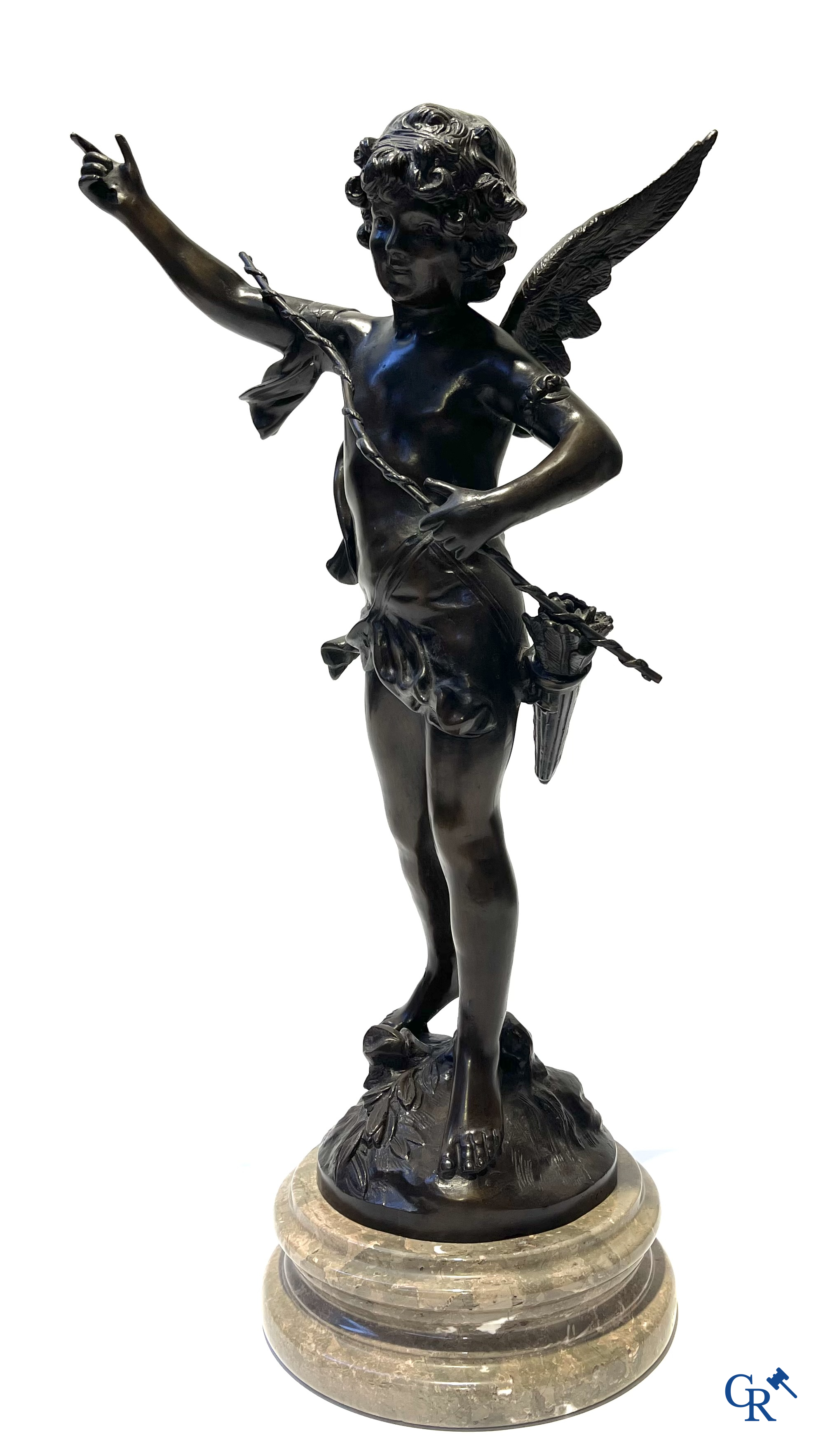 Kavel van 3 bronzen beelden (postuum) Meisje met bloemen, cupido naar Auguste Moreau en vrouw in Art Deco stijl.