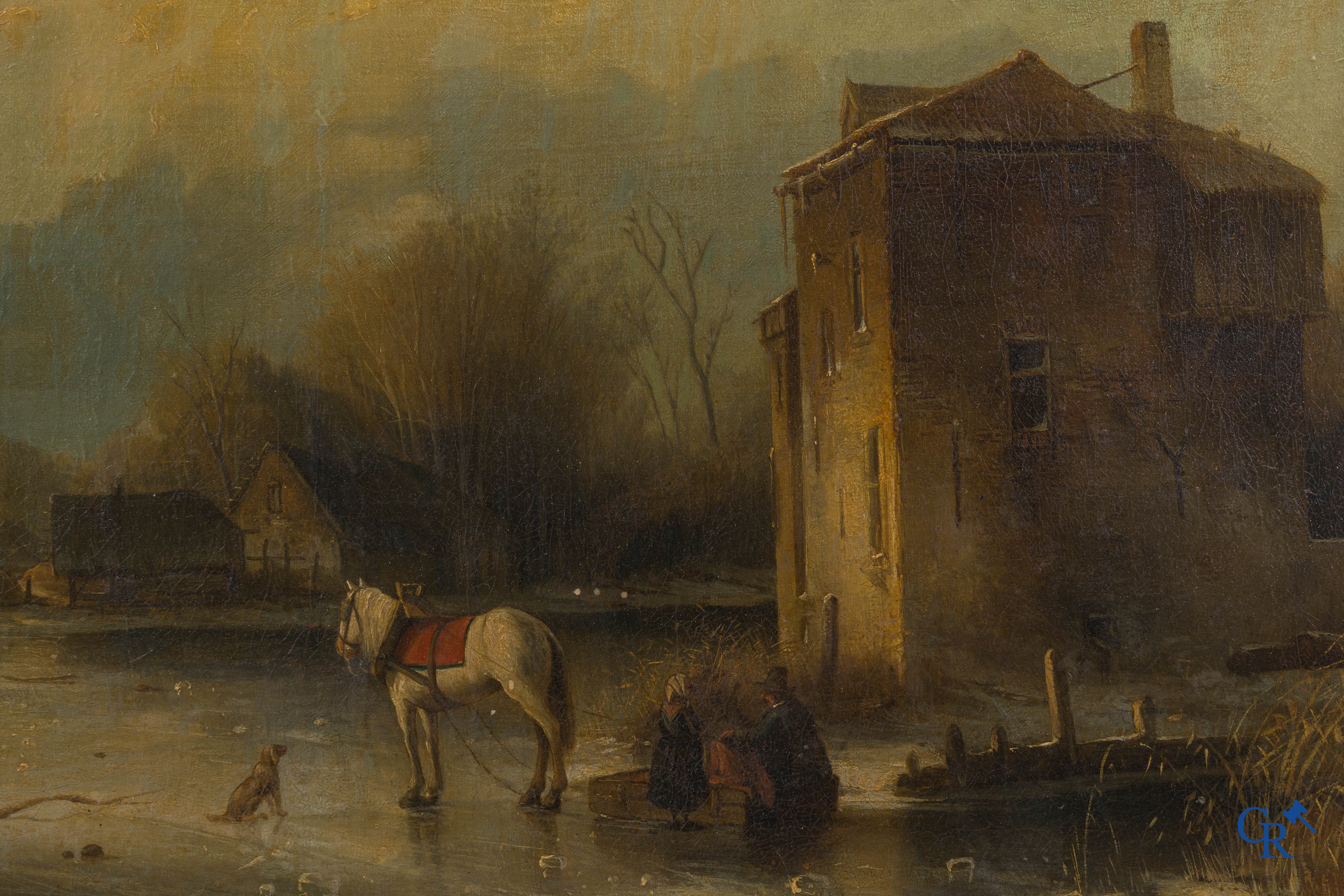 Smets Louis, (1840-1896) Winter waterlandschap met personages en een paard op het ijs. Olie op mahonie.