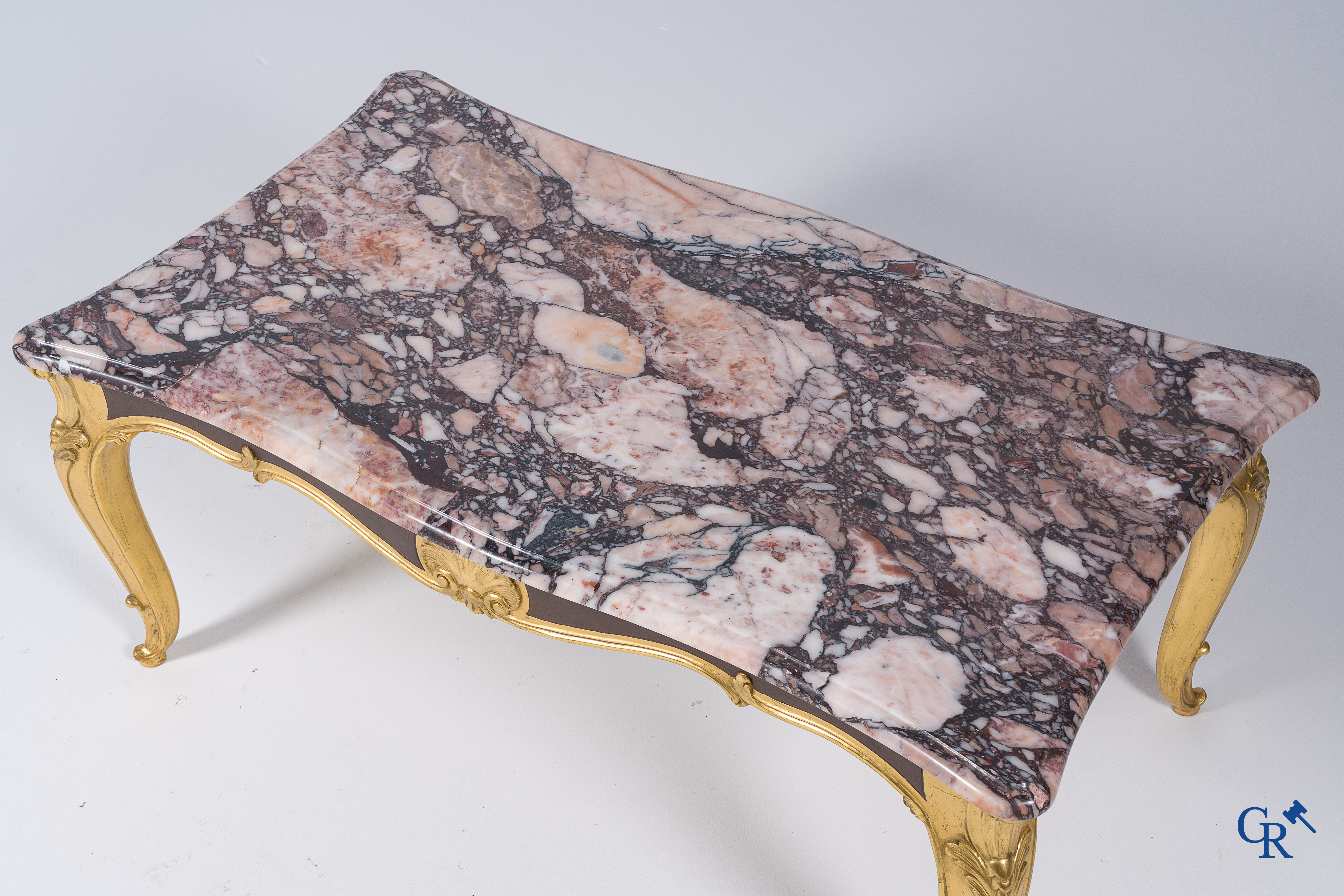 Furniture. Coffee table in gilded wood and marble top and 2 chairs with cannage. LXV style.